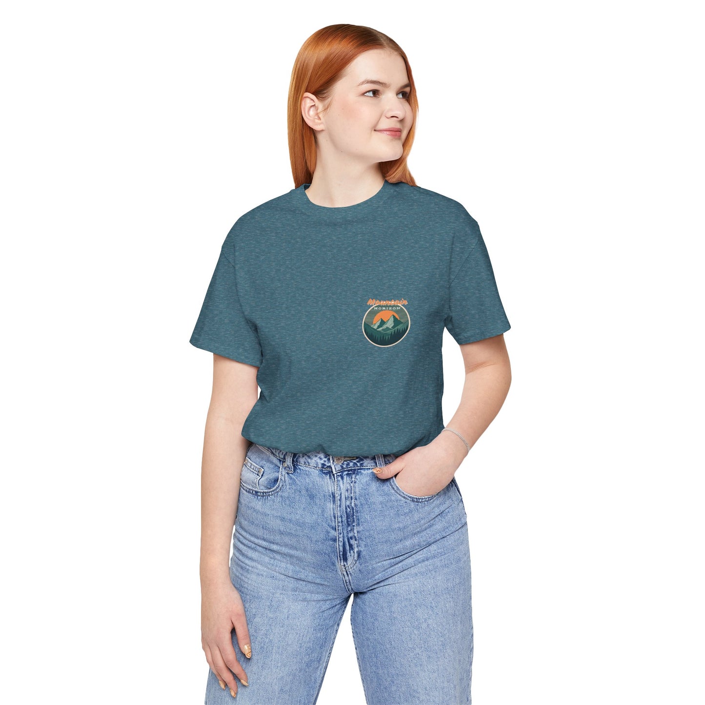 Mountain Horizon Tee | Bold Wilderness Scene with Sunset Peaks and Pine Reflection - Adventure Graphic Shirt (BC3001)