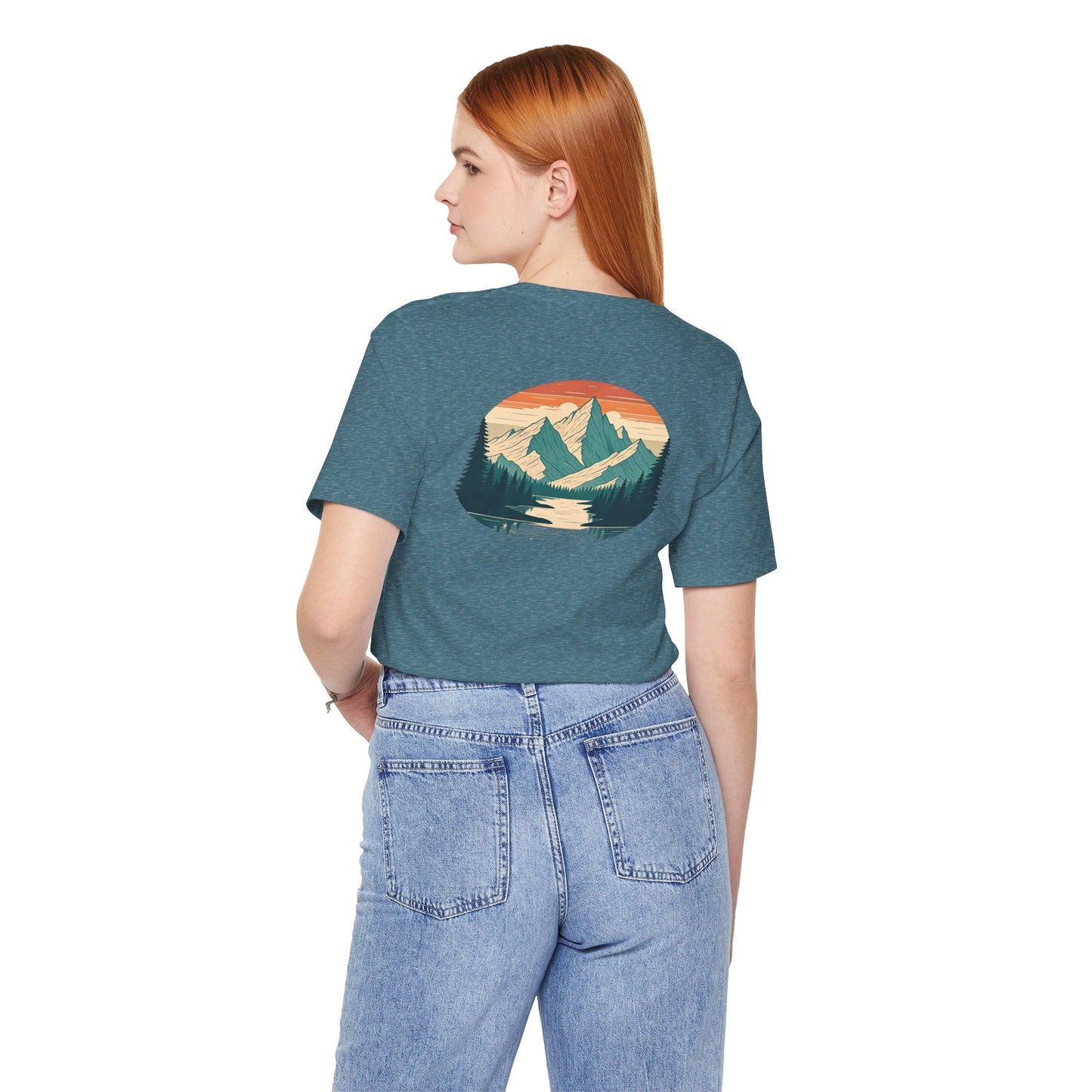 Mountain Horizon Tee | Bold Wilderness Scene with Sunset Peaks and Pine Reflection - Adventure Graphic Shirt (BC3001)
