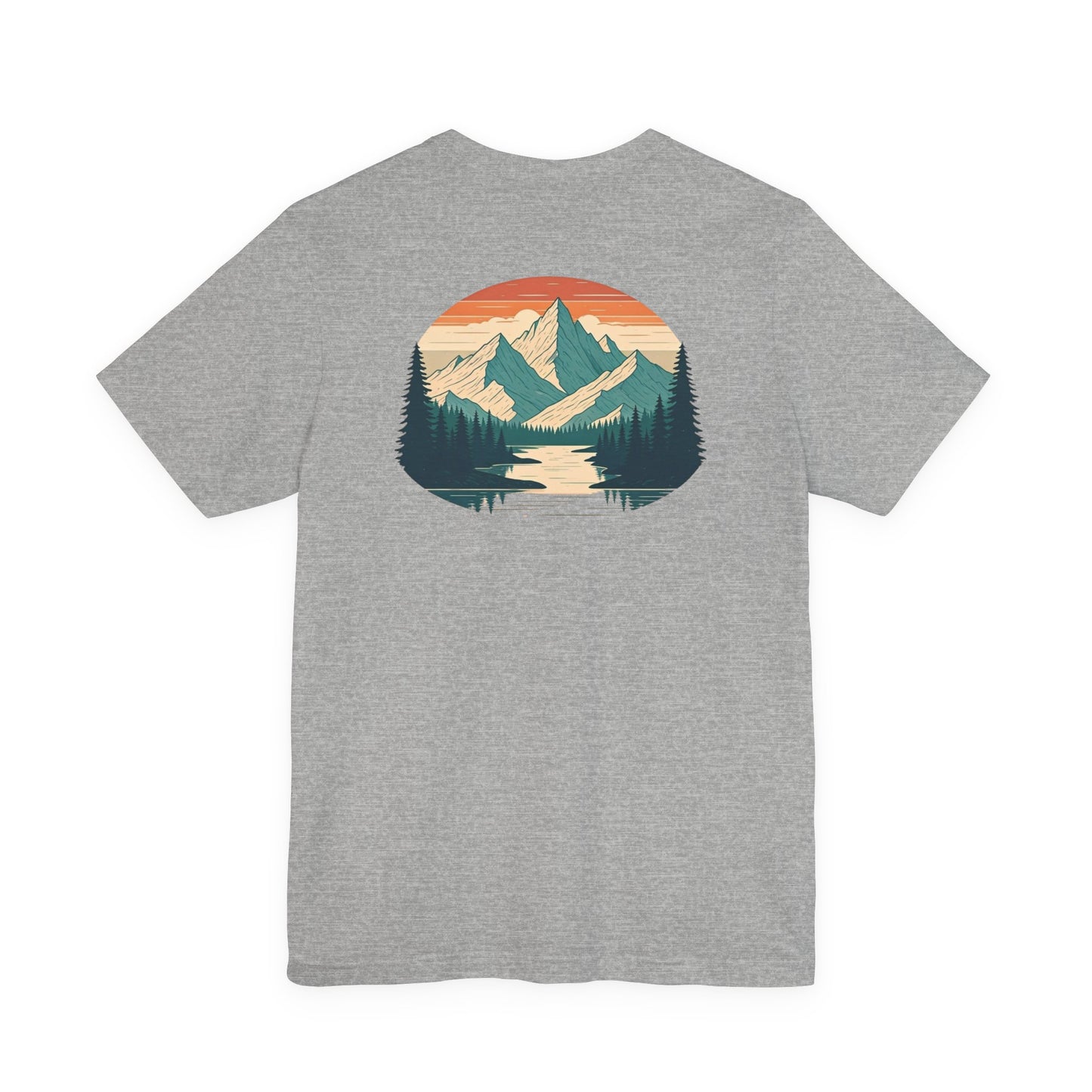 Mountain Horizon Tee | Bold Wilderness Scene with Sunset Peaks and Pine Reflection - Adventure Graphic Shirt (BC3001)