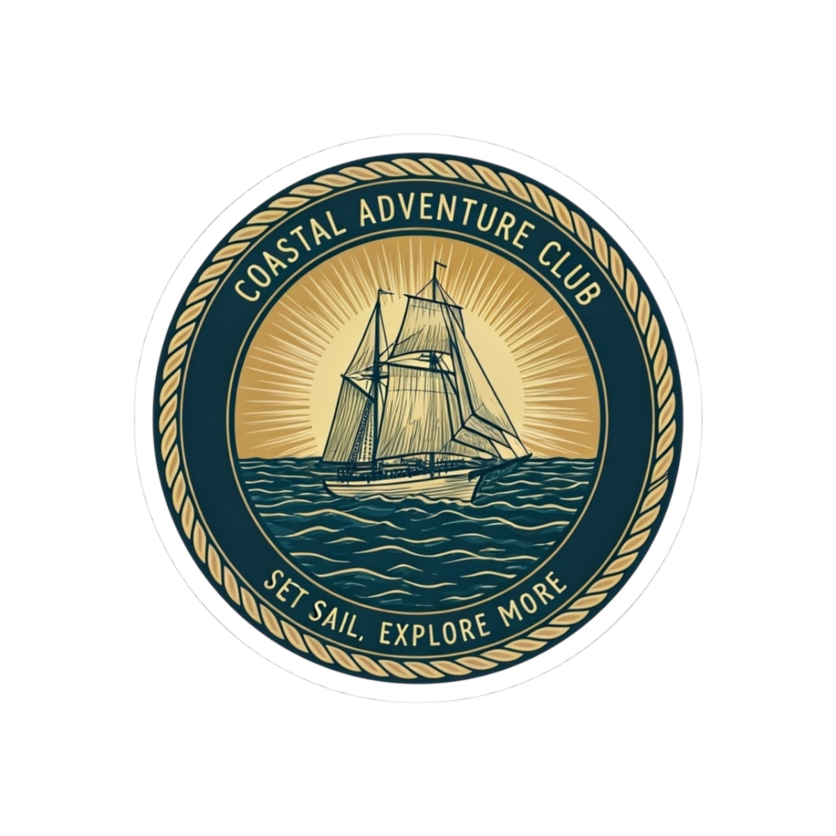 Coastal Adventure Club Sticker | Nautical Sailboat Emblem with Vintage Rope Border – Set Sail & Explore Vinyl Sticker