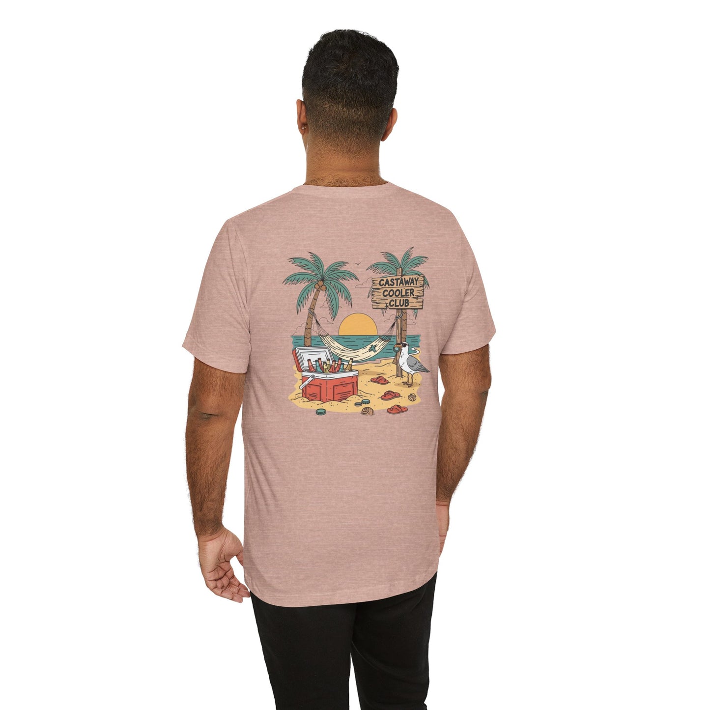 Castaway Cooler Club Tee | Beach Hammock Scene with Palm Trees, Ice Chest, and Sunset - Tropical Island Party Graphic Back Tee (BC3001)