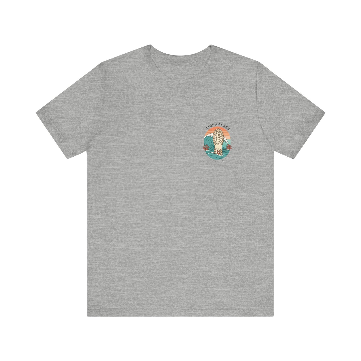 Tidewalker Tee | Coastal Trail Footprints Along Sunset Shore - Beach Walk Graphic Back Tee with Front Crest Patch (BC3001)