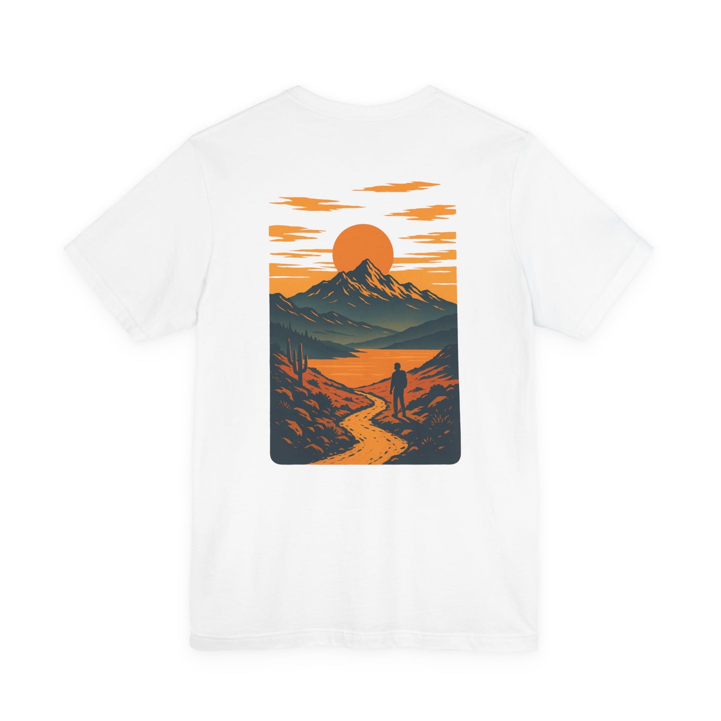 Sunset Range Tee | Vibrant Orange Mountain Landscape with Trail Hiker and Setting Sun - Bold Desert Peak Graphic Tee (BC3001)