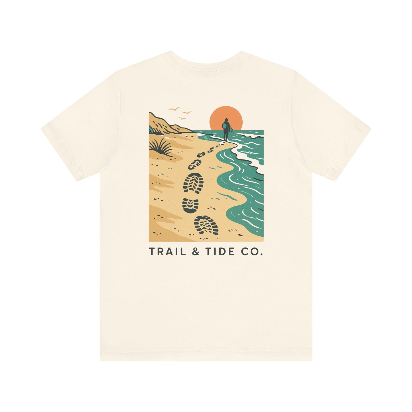 Tidewalker Tee | Coastal Trail Footprints Along Sunset Shore - Beach Walk Graphic Back Tee with Front Crest Patch (BC3001)