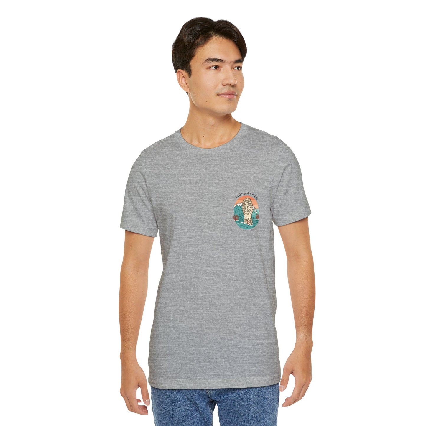 Tidewalker Tee | Coastal Trail Footprints Along Sunset Shore - Beach Walk Graphic Back Tee with Front Crest Patch (BC3001)