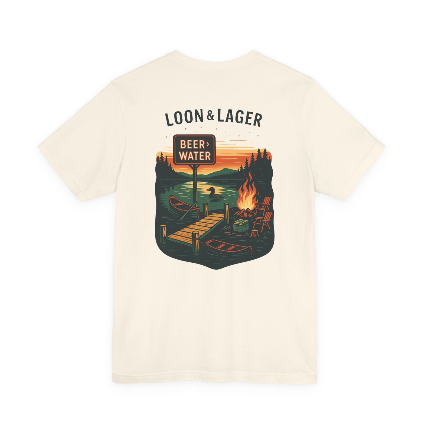 Loon & Lager Tee | Campfire Dock Scene with Canoes, Cooler, and Beer Sign - Playful Northern Lake Night Graphic Back Tee (BC3001)