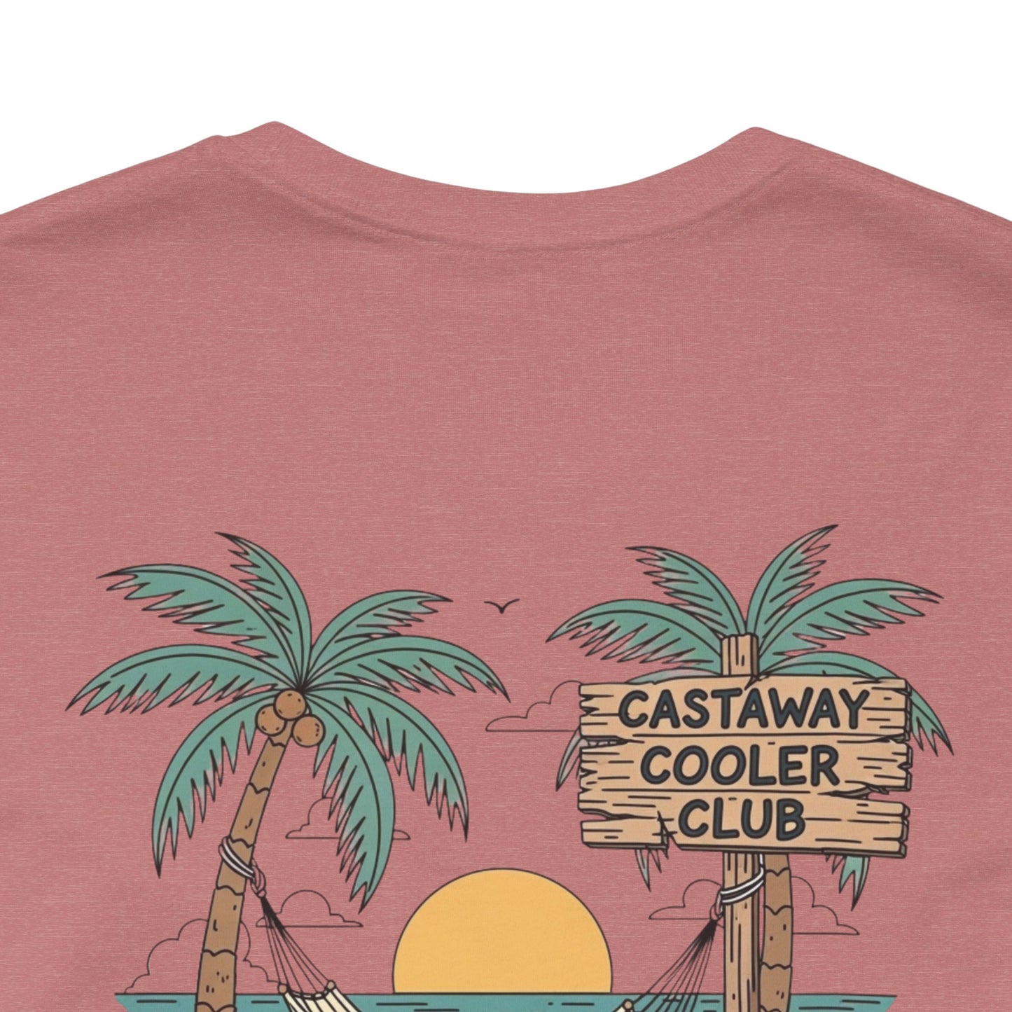 Castaway Cooler Club Tee | Beach Hammock Scene with Palm Trees, Ice Chest, and Sunset - Tropical Island Party Graphic Back Tee (BC3001)