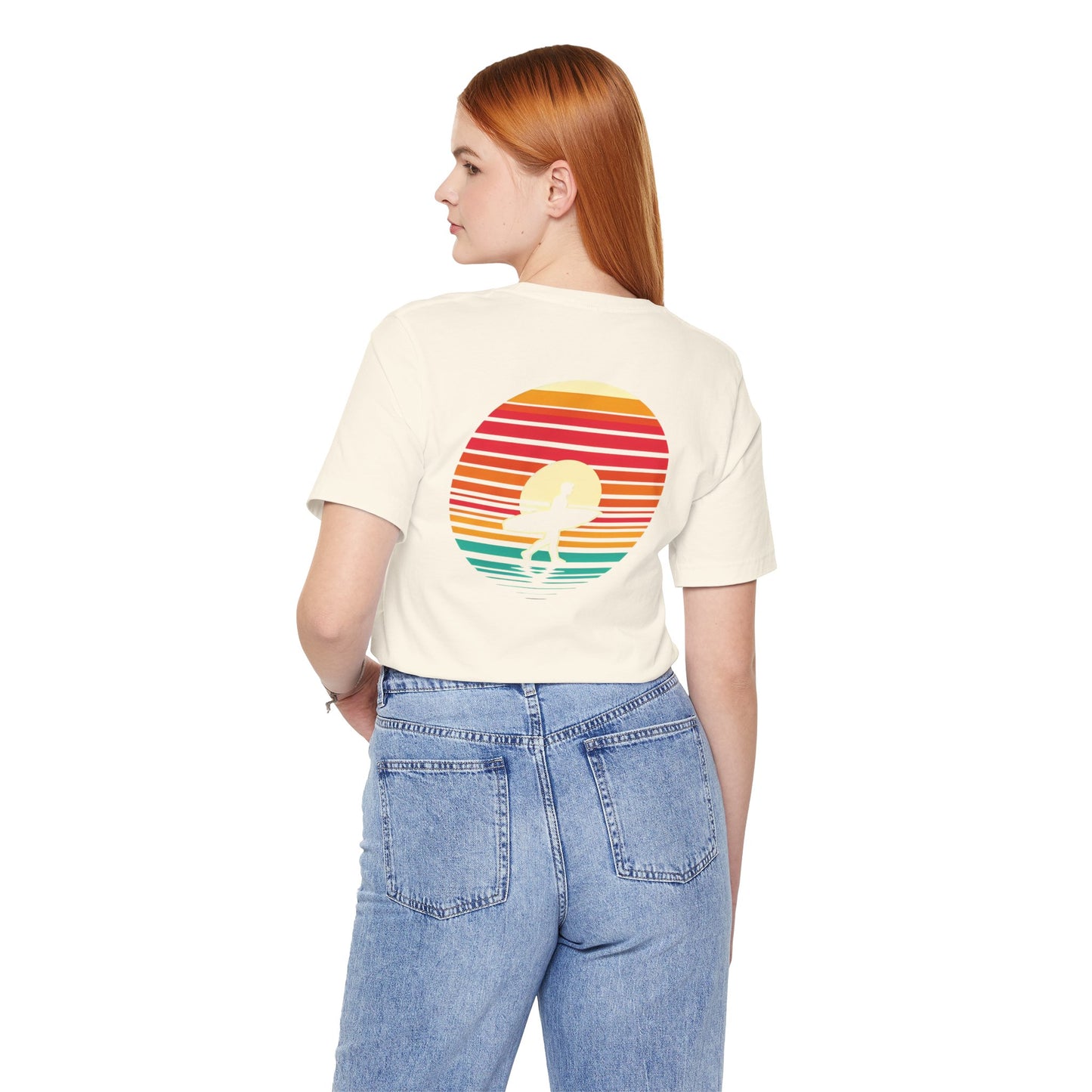 Sunset Surfer Tee | Retro Surf Silhouette with Bold Sunset Stripes - Beach Vibes Graphic Tee (BC3001)