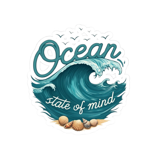 Ocean State of Mind Sticker | Rolling Wave and Seashell Graphic with Coastal Quote – Beach Lover Vinyl Sticker