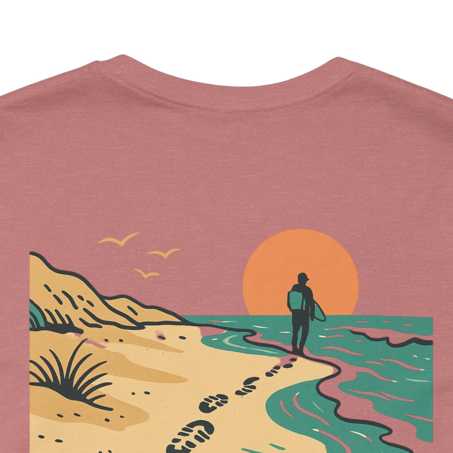 Tidewalker Tee | Coastal Trail Footprints Along Sunset Shore - Beach Walk Graphic Back Tee with Front Crest Patch (BC3001)