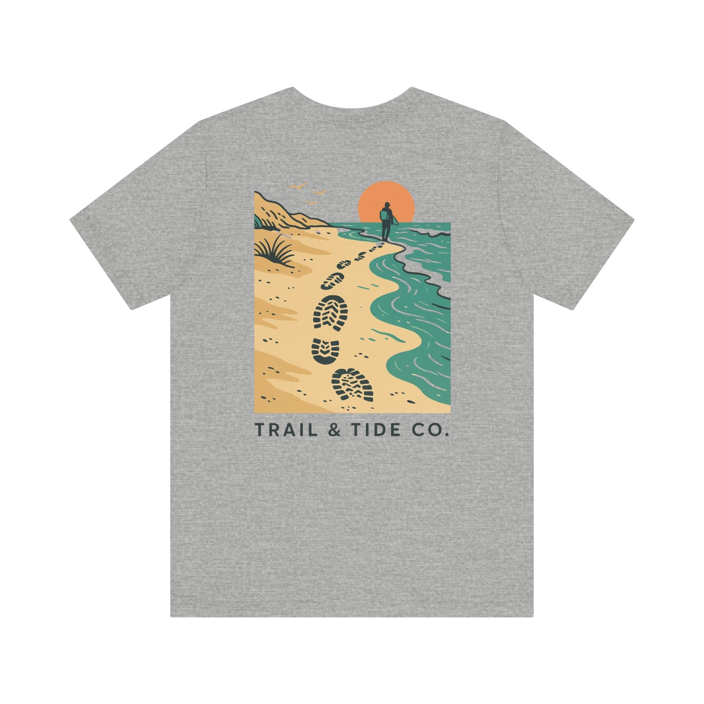 Tidewalker Tee | Coastal Trail Footprints Along Sunset Shore - Beach Walk Graphic Back Tee with Front Crest Patch (BC3001)