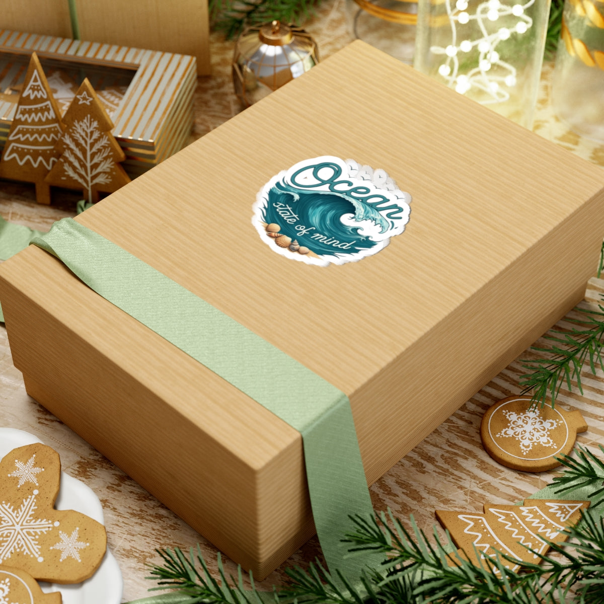 Ocean State of Mind Sticker | Rolling Wave and Seashell Graphic with Coastal Quote - Beach Lover Vinyl Sticker