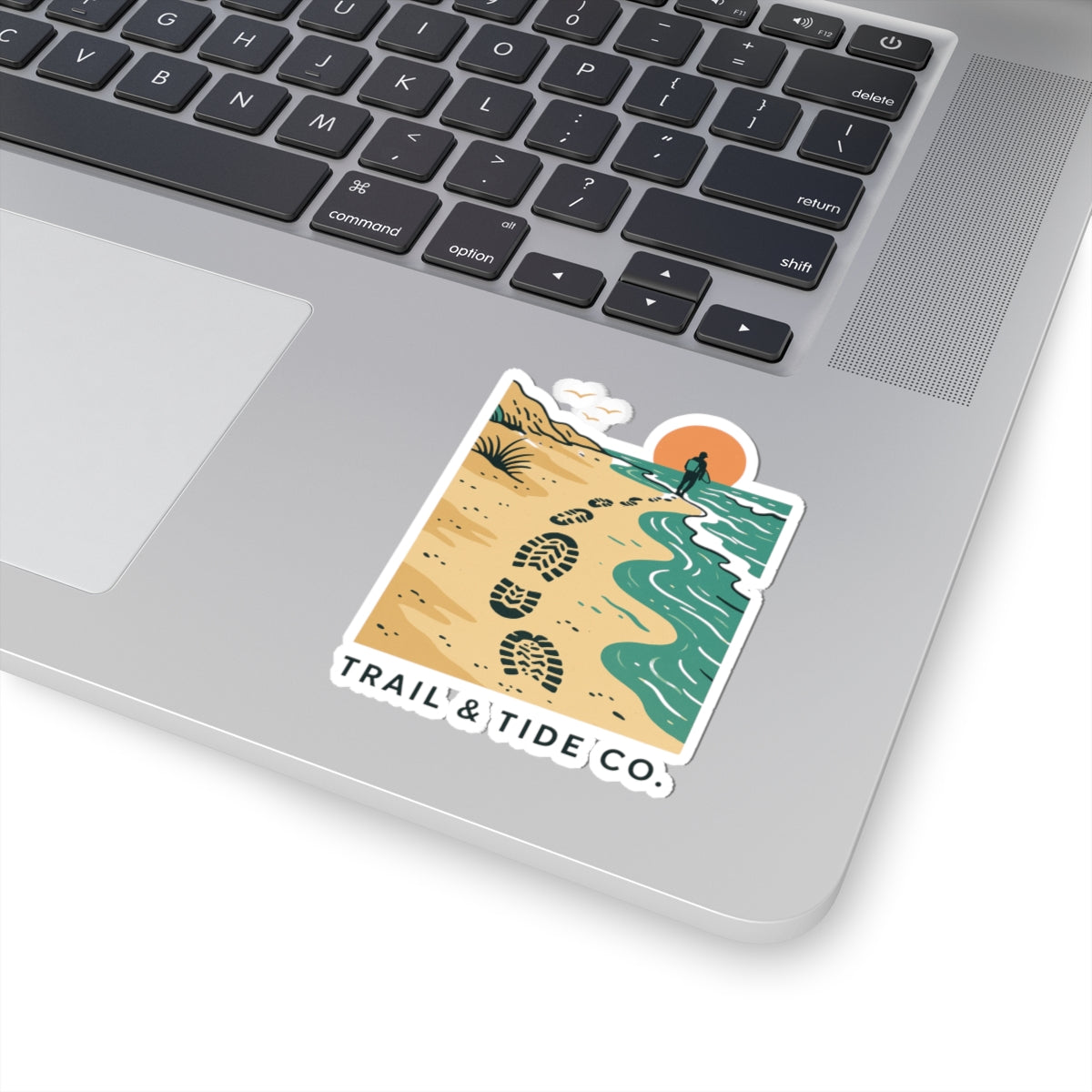 Beach Walker Sticker | Bootprints Along Coastal Trail with Sunset and Ocean – Adventure Beach Walk Graphic Vinyl Sticker