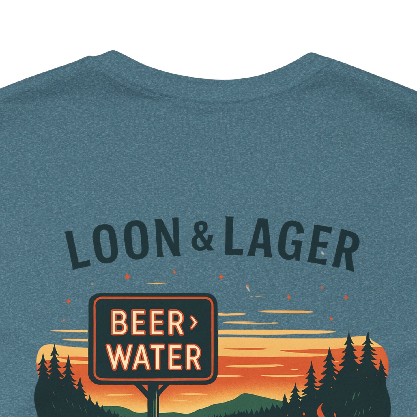 Loon & Lager Tee | Campfire Dock Scene with Canoes, Cooler, and Beer Sign - Playful Northern Lake Night Graphic Back Tee (BC3001)