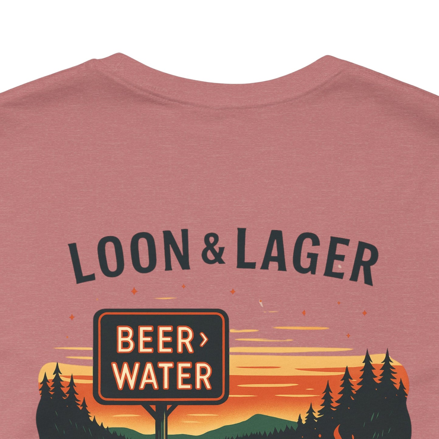 Loon & Lager Tee | Campfire Dock Scene with Canoes, Cooler, and Beer Sign - Playful Northern Lake Night Graphic Back Tee (BC3001)