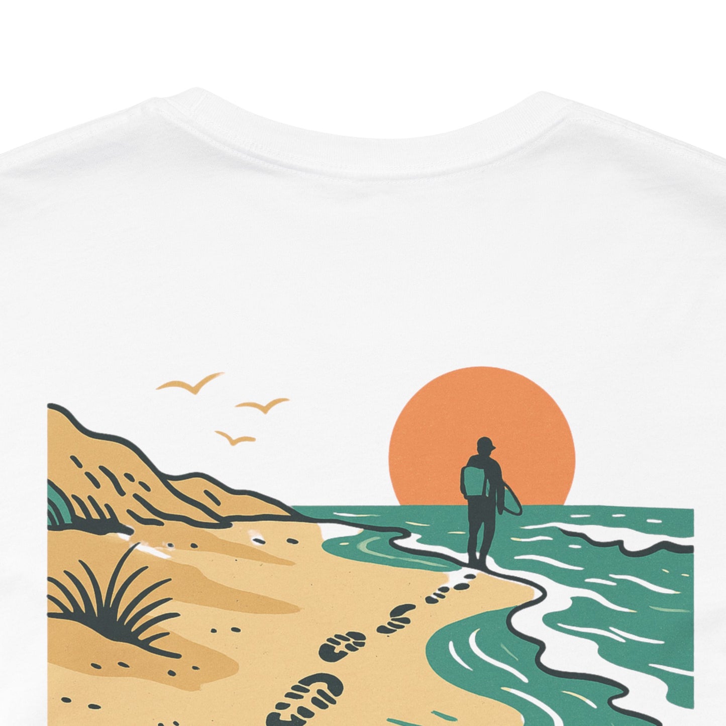 Tidewalker Tee | Coastal Trail Footprints Along Sunset Shore - Beach Walk Graphic Back Tee with Front Crest Patch (BC3001)