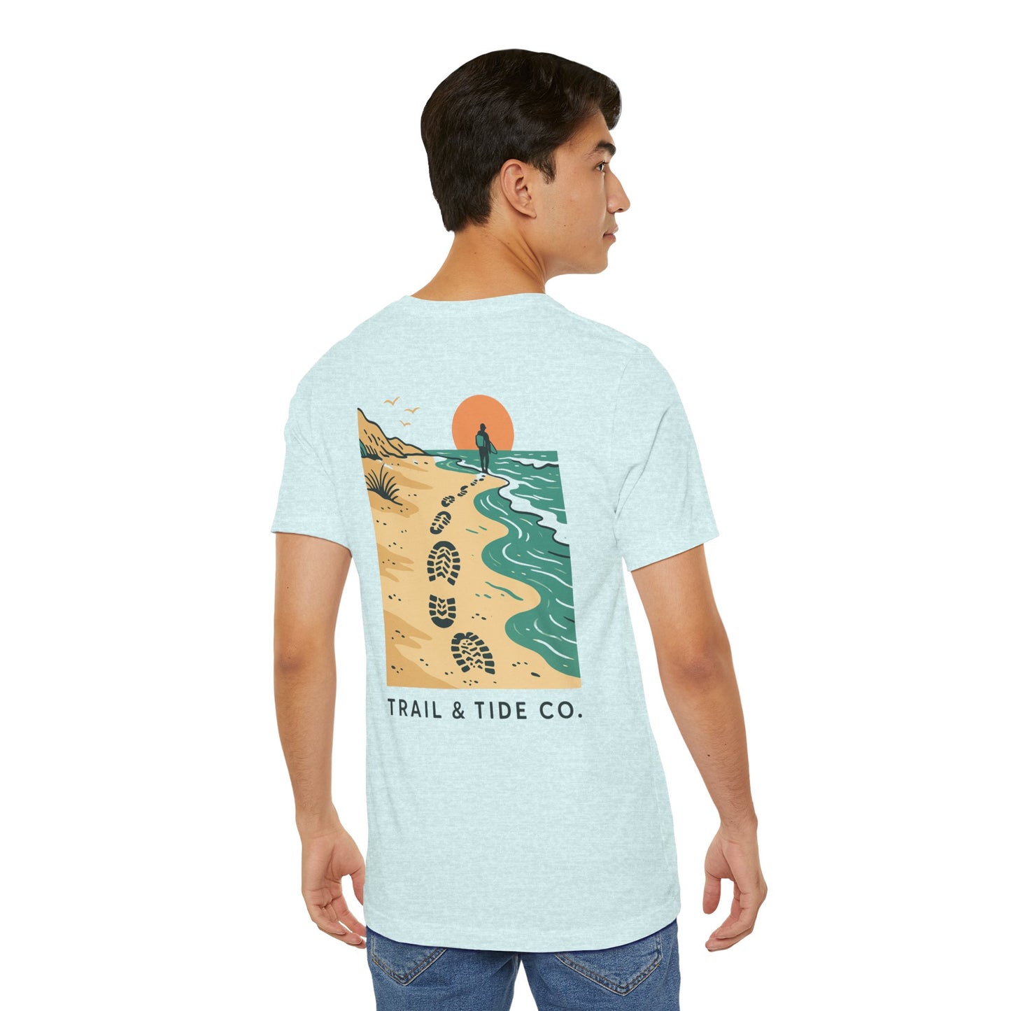 Tidewalker Tee | Coastal Trail Footprints Along Sunset Shore - Beach Walk Graphic Back Tee with Front Crest Patch (BC3001)