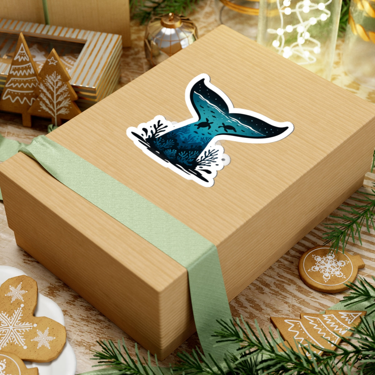 Sea Turtle Trek Sticker | Underwater Ocean Scene Inside Whale Tail - Marine Wildlife Vinyl Sticker