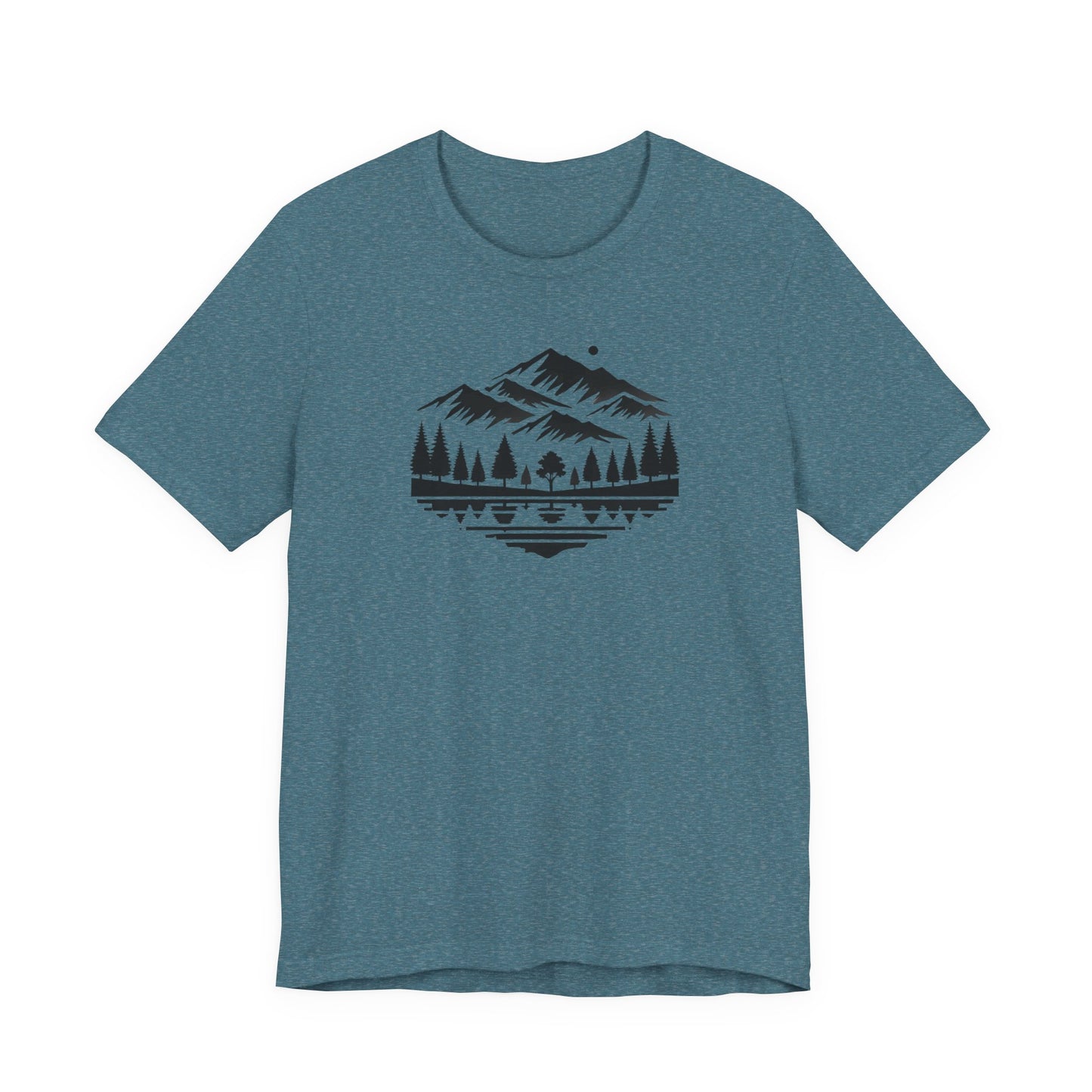 Alpine Reflection Tee | Minimal Mountain Scene with Forest and Lake - Bold Nature Graphic T-Shirt (BC3001)