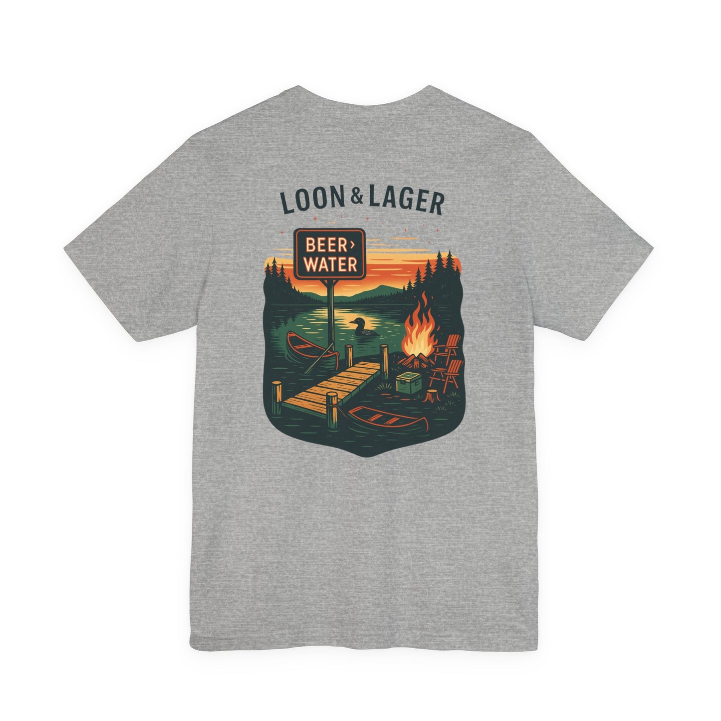 Loon & Lager Tee | Campfire Dock Scene with Canoes, Cooler, and Beer Sign - Playful Northern Lake Night Graphic Back Tee (BC3001)
