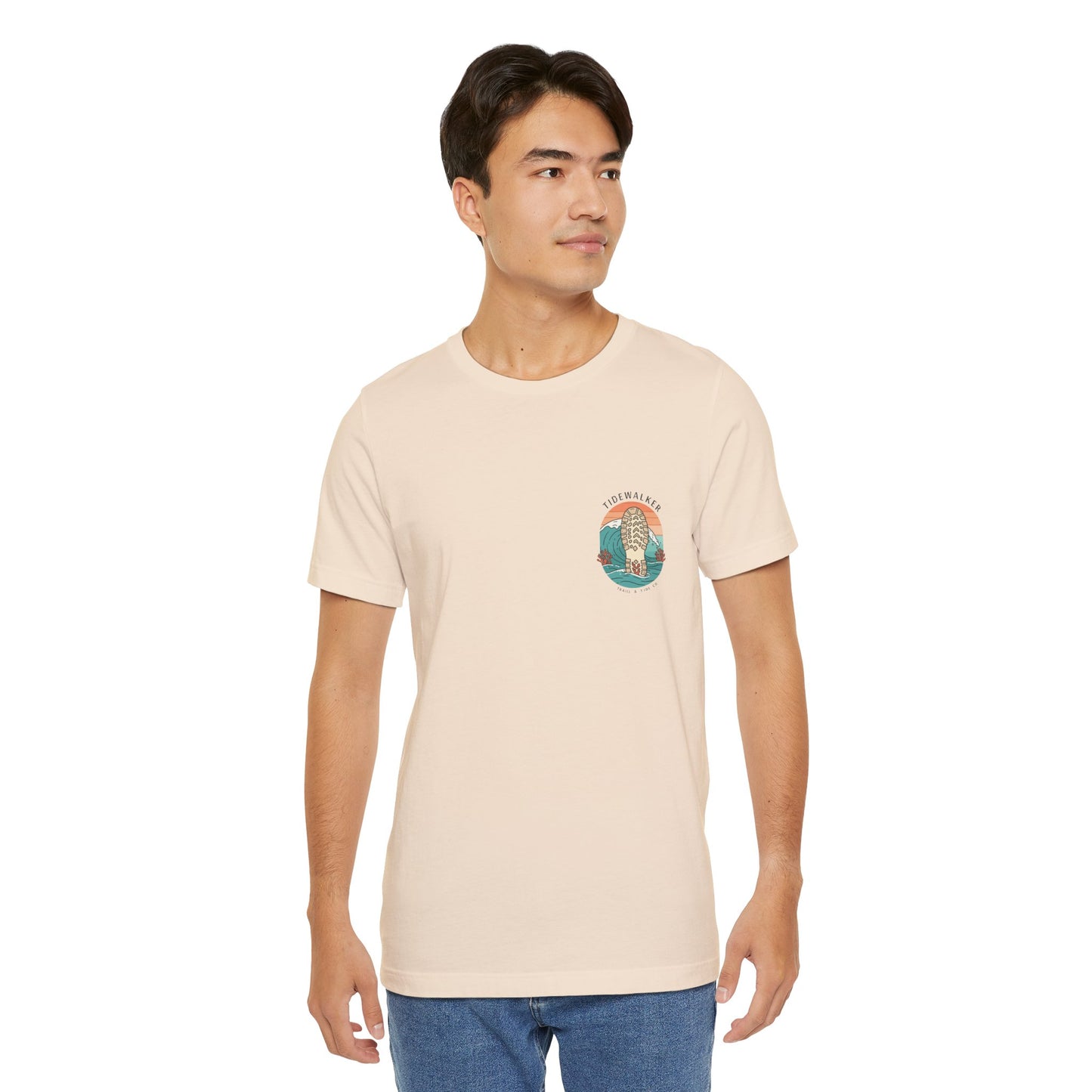Tidewalker Tee | Coastal Trail Footprints Along Sunset Shore - Beach Walk Graphic Back Tee with Front Crest Patch (BC3001)