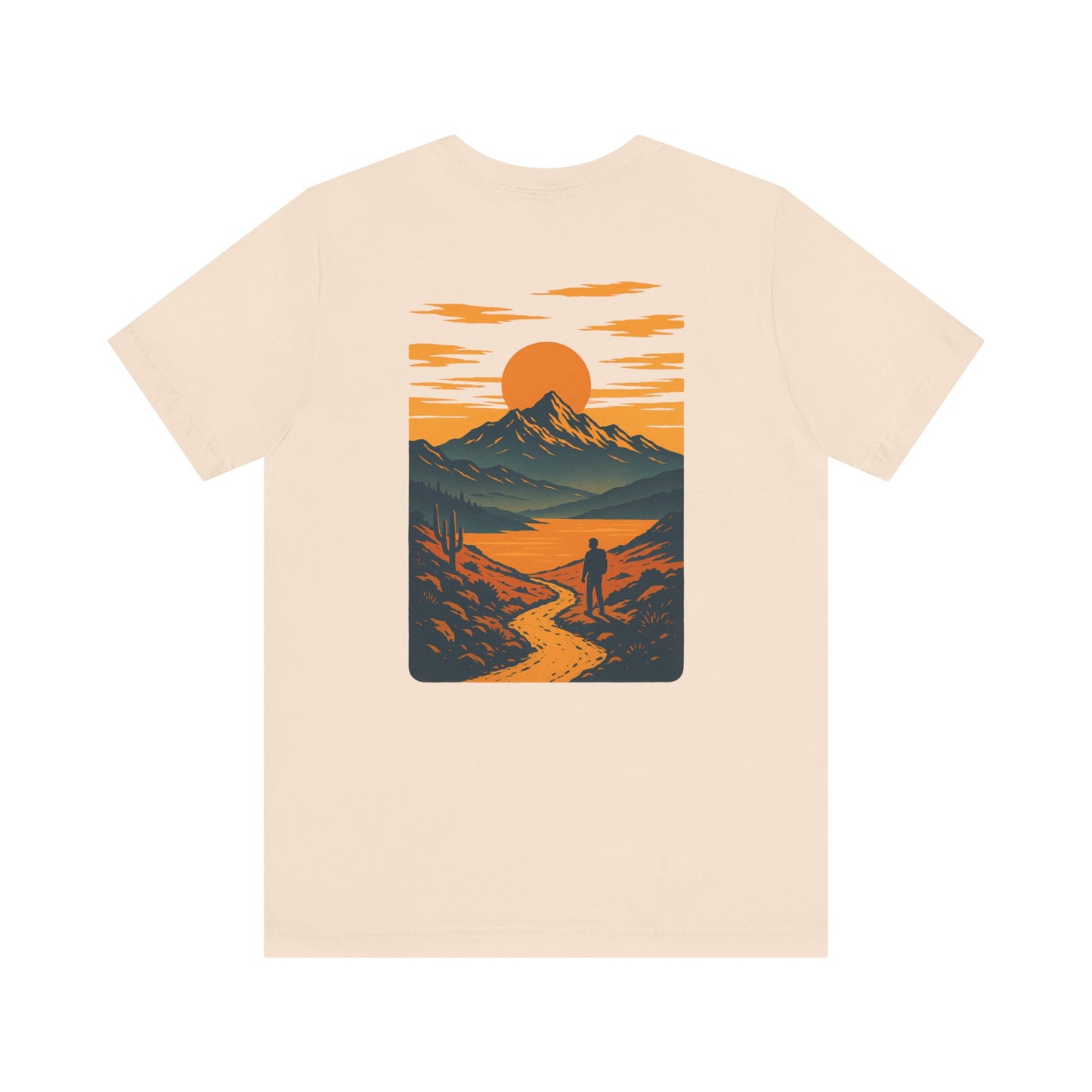 Sunset Range Tee | Vibrant Orange Mountain Landscape with Trail Hiker and Setting Sun - Bold Desert Peak Graphic Tee (BC3001)