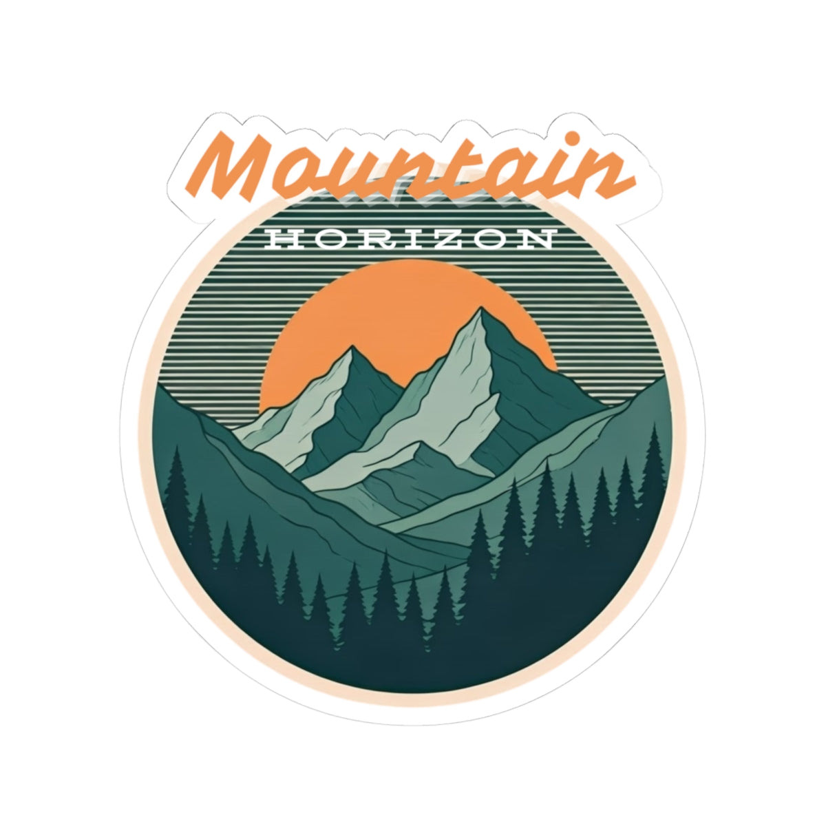 Mountain Horizon Sticker | Retro Sunset Mountain Badge with Tree Line Silhouette – Wilderness Landscape Vinyl Sticker
