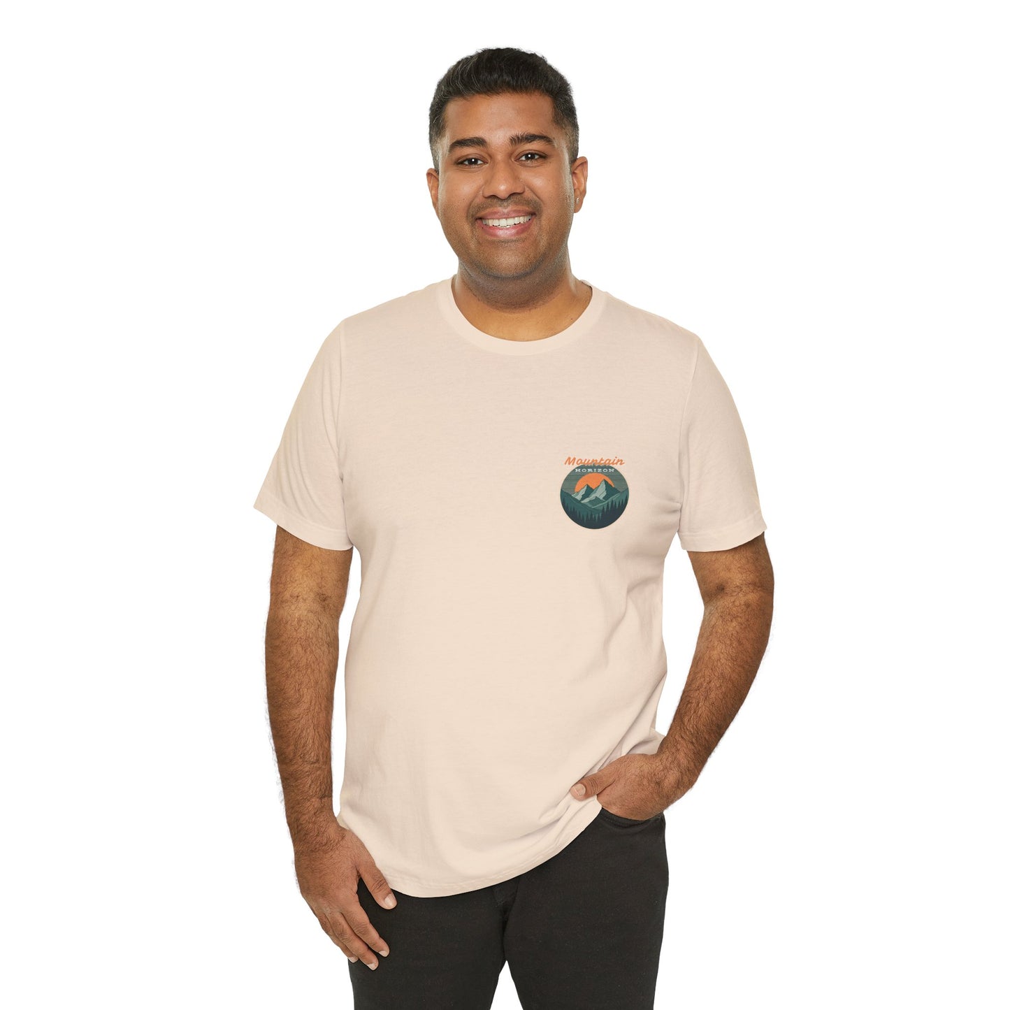 Mountain Horizon Tee | Bold Wilderness Scene with Sunset Peaks and Pine Reflection - Adventure Graphic Shirt (BC3001)