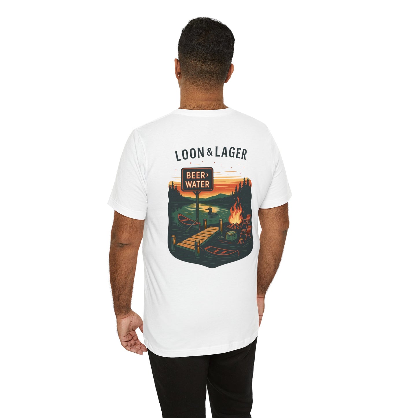 Loon & Lager Tee | Campfire Dock Scene with Canoes, Cooler, and Beer Sign - Playful Northern Lake Night Graphic Back Tee (BC3001)