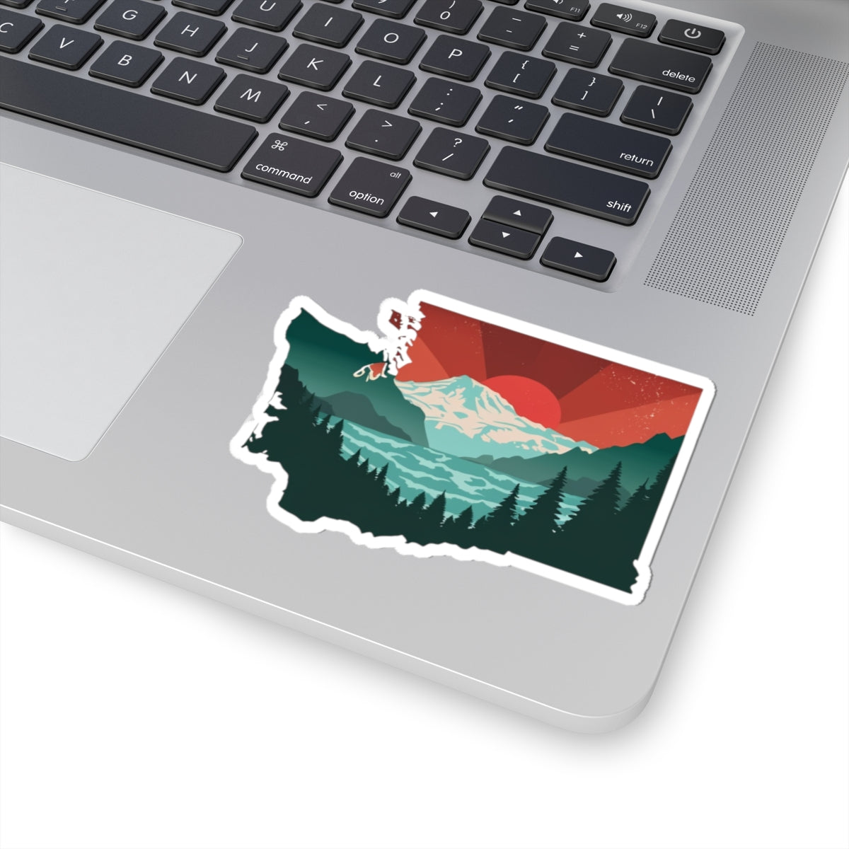 Cascade Sunrise Sticker | Washington State Shape with Mt. Rainier, Pines & Red Sky – Bold PNW Mountain Scene Vinyl Sticker