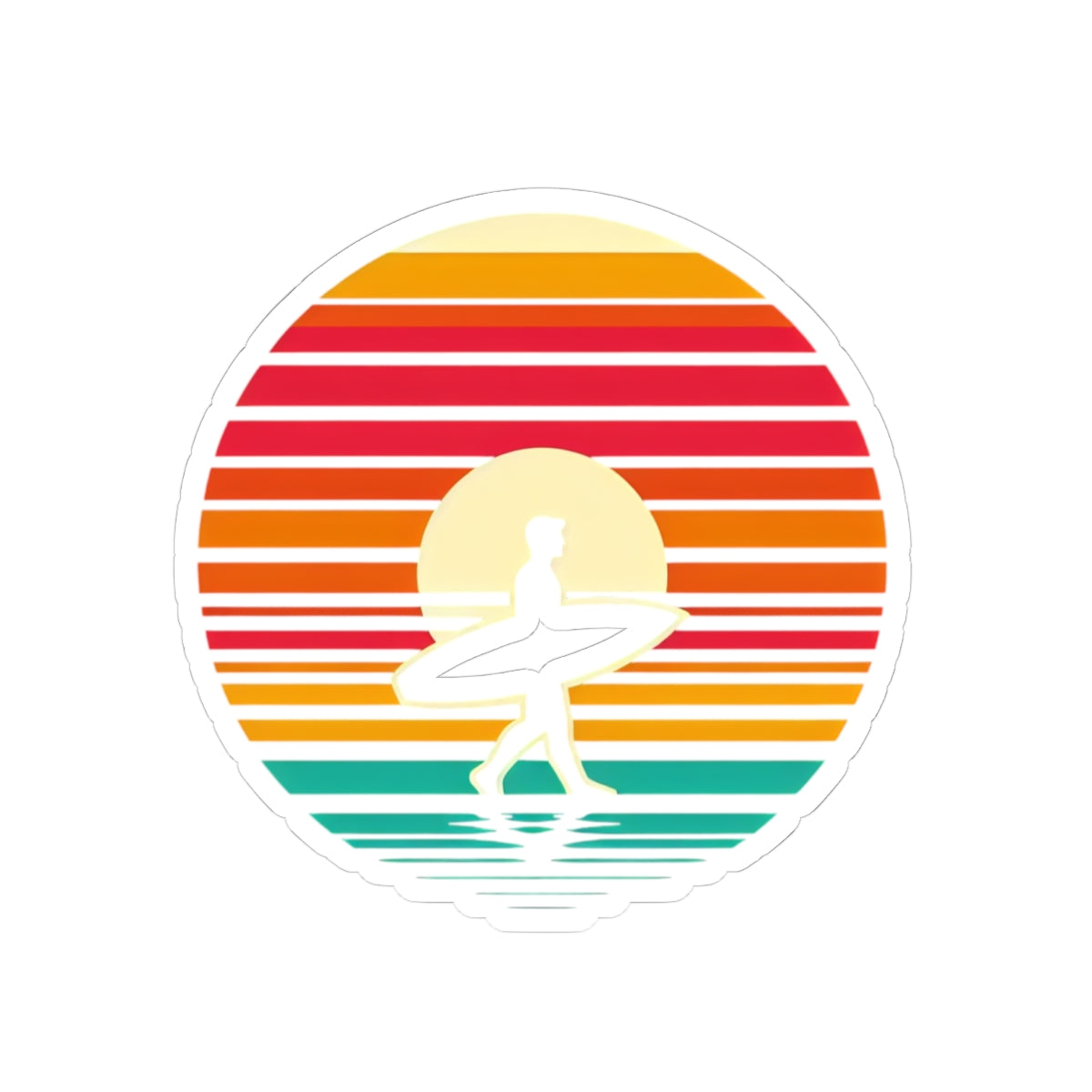 Coastal Stride Sticker | Retro Sunset with Surfer Silhouette – Bold Minimalist Beach Walk Graphic Vinyl Sticker