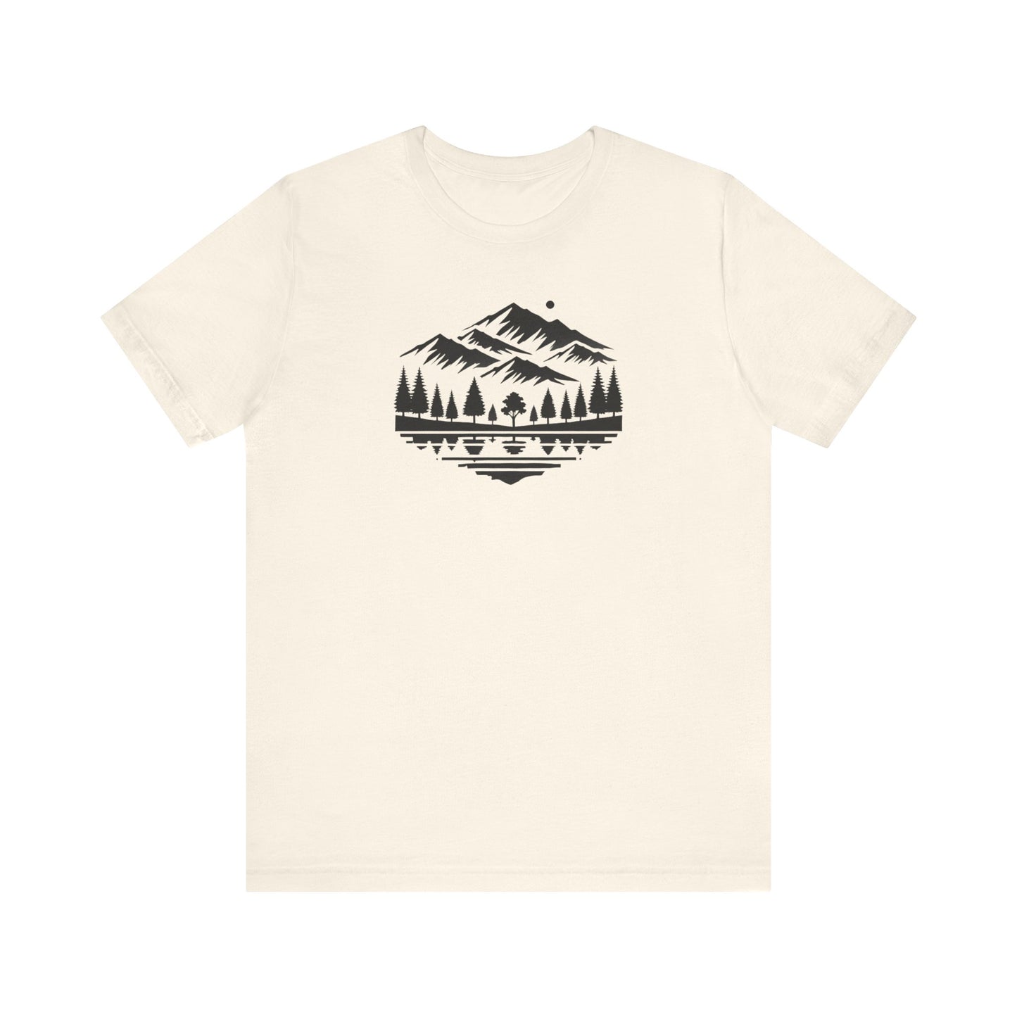 Alpine Reflection Tee | Minimal Mountain Scene with Forest and Lake - Bold Nature Graphic T-Shirt (BC3001)