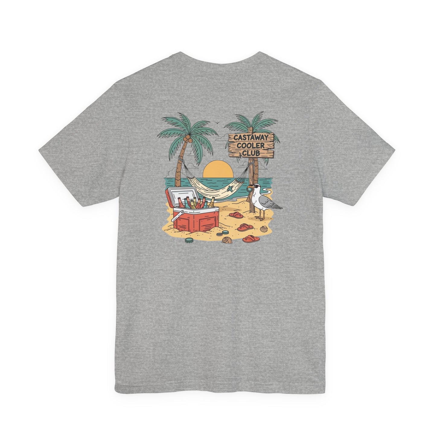 Castaway Cooler Club Tee | Beach Hammock Scene with Palm Trees, Ice Chest, and Sunset - Tropical Island Party Graphic Back Tee (BC3001)