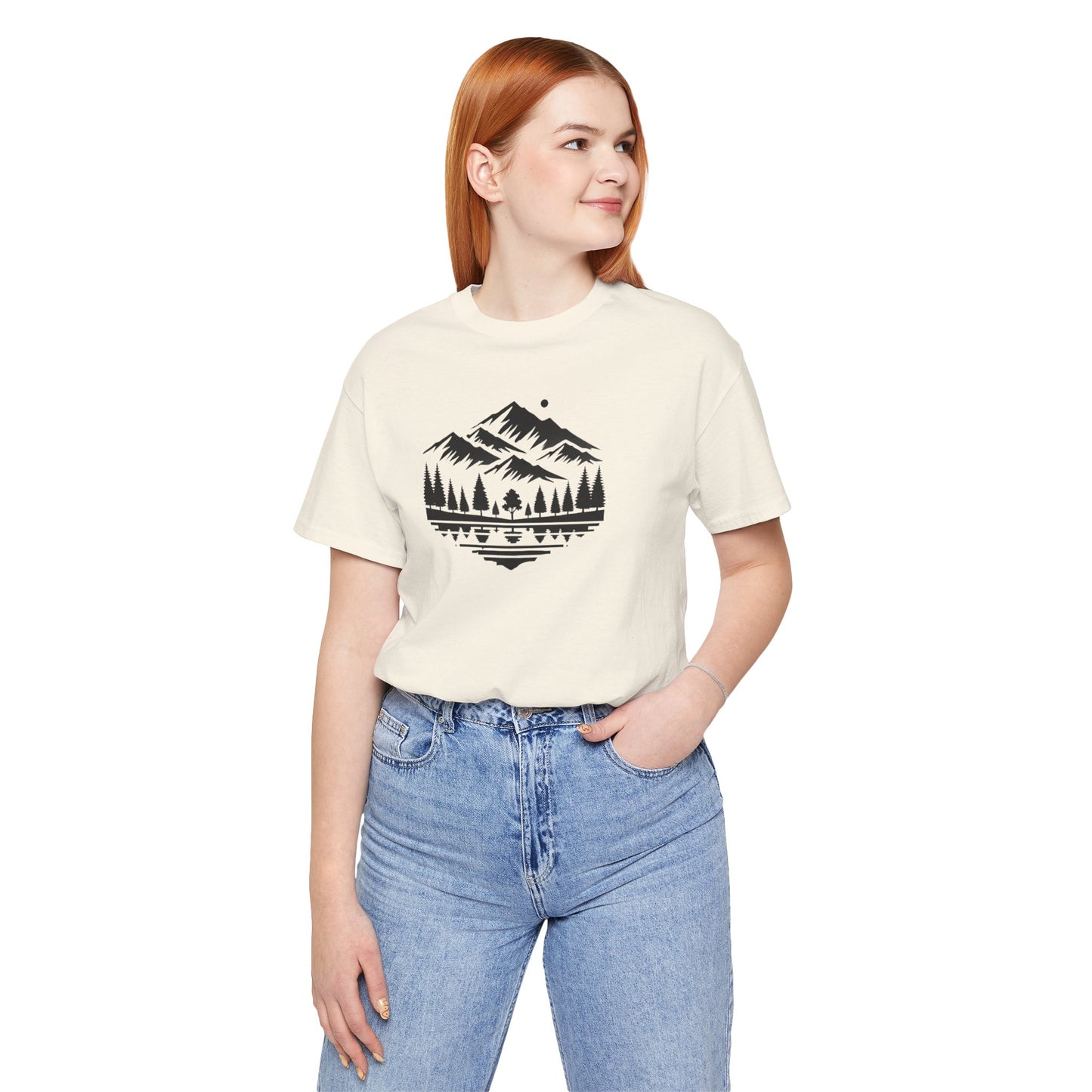 Alpine Reflection Tee | Minimal Mountain Scene with Forest and Lake - Bold Nature Graphic T-Shirt (BC3001)