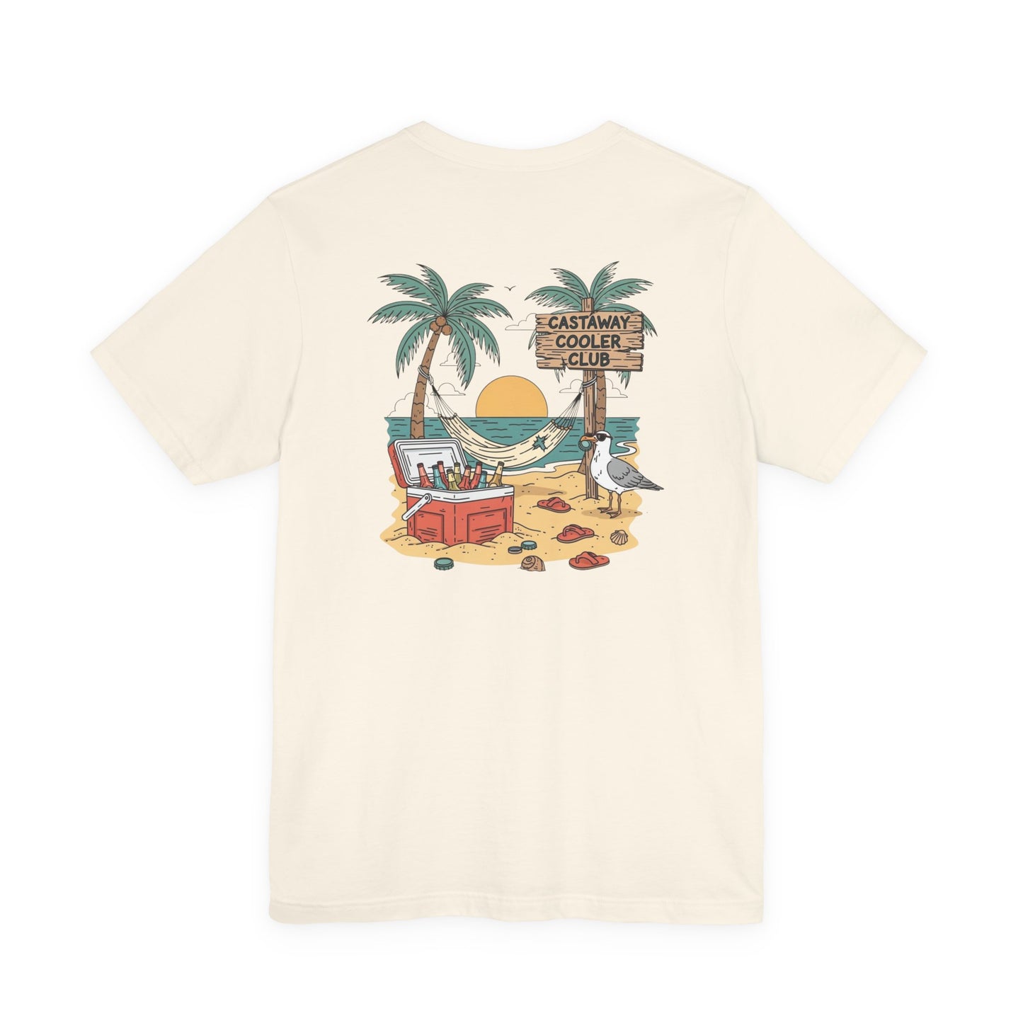 Castaway Cooler Club Tee | Beach Hammock Scene with Palm Trees, Ice Chest, and Sunset - Tropical Island Party Graphic Back Tee (BC3001)