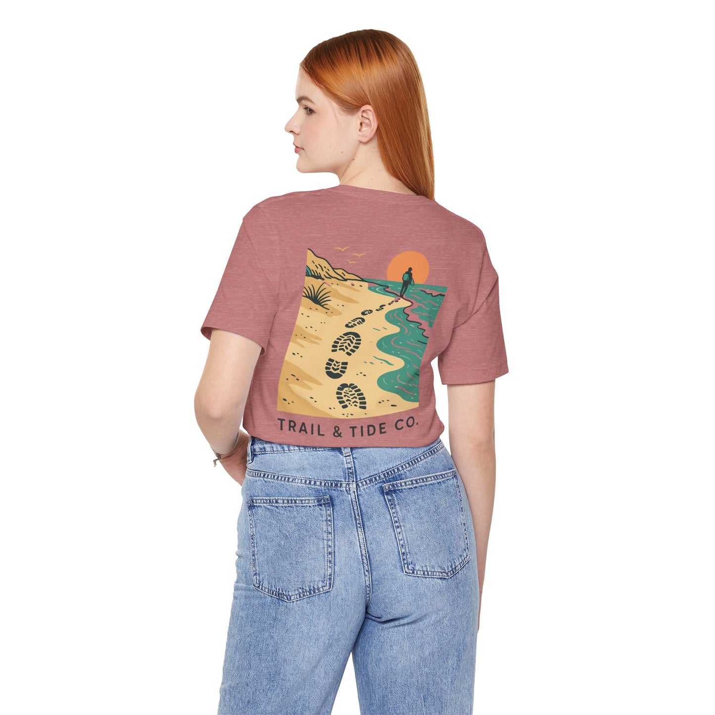 Tidewalker Tee | Coastal Trail Footprints Along Sunset Shore - Beach Walk Graphic Back Tee with Front Crest Patch (BC3001)