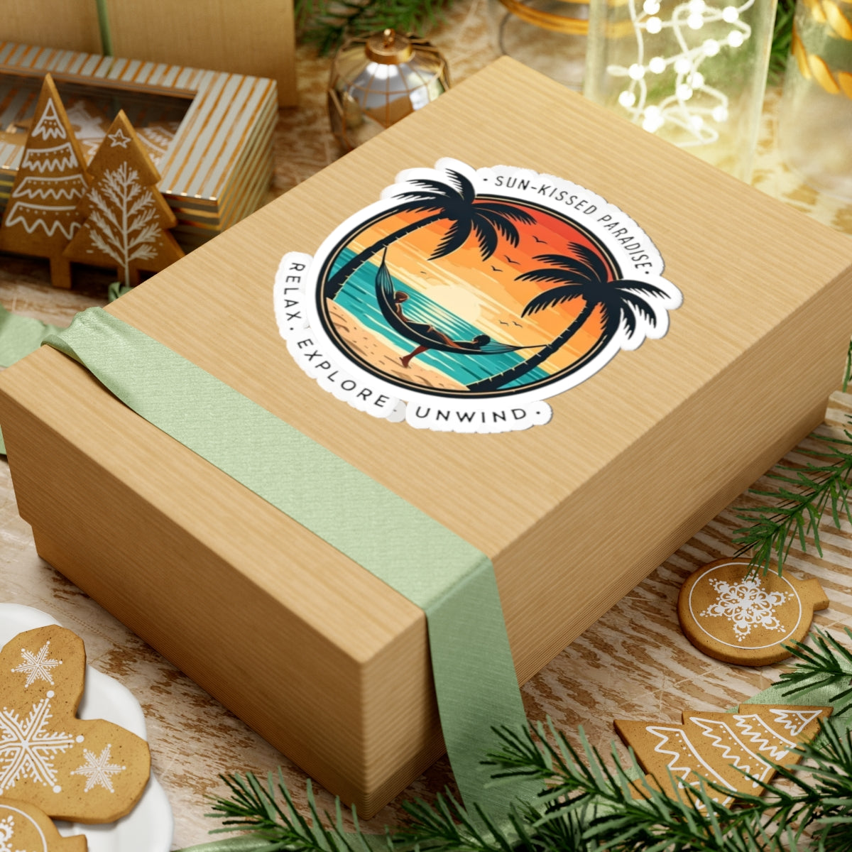 Sun-Kissed Paradise Sticker | Tropical Hammock Sunset with Palm Trees – Retro Beach Relaxation Graphic Matte Vinyl Sticker