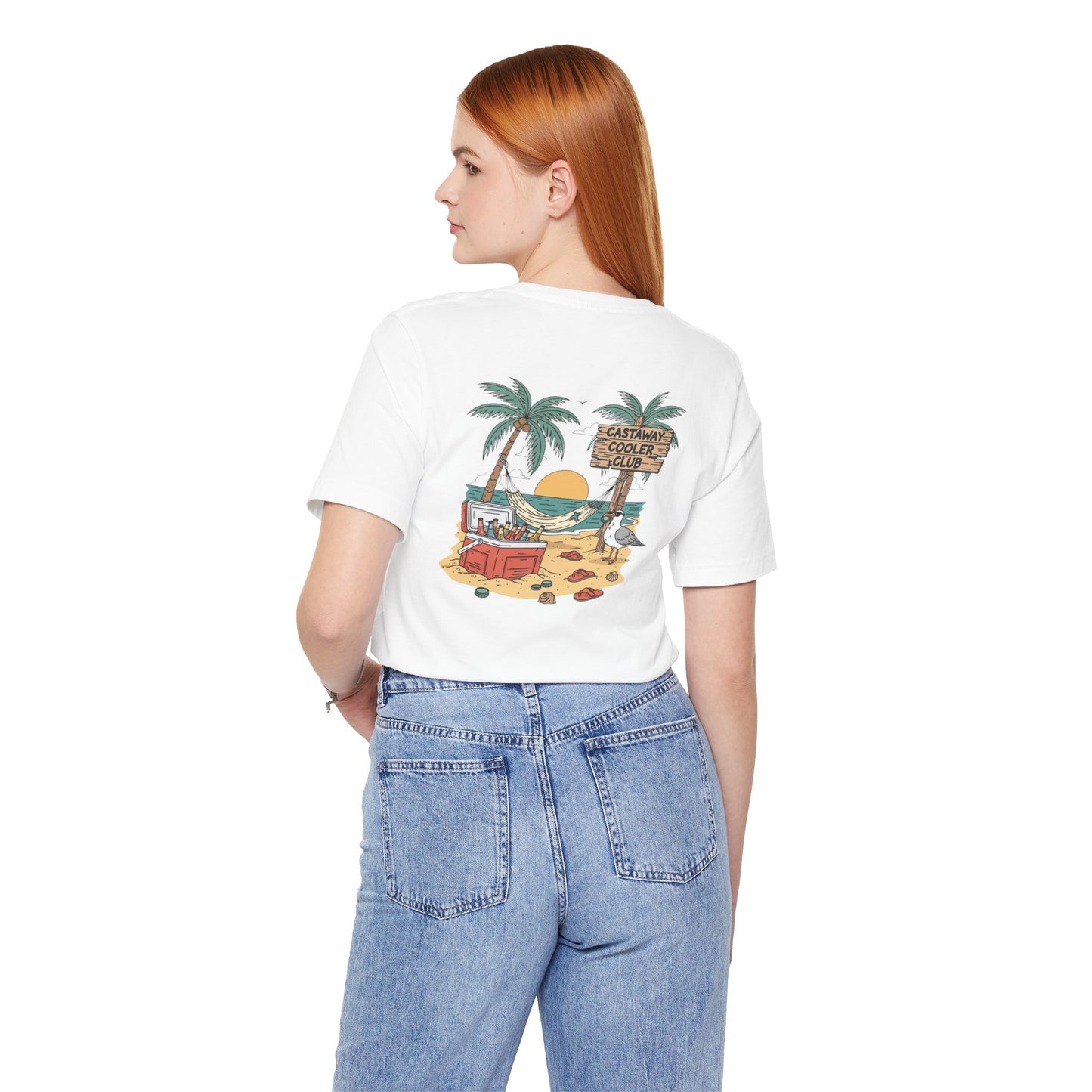 Castaway Cooler Club Tee | Beach Hammock Scene with Palm Trees, Ice Chest, and Sunset - Tropical Island Party Graphic Back Tee (BC3001)