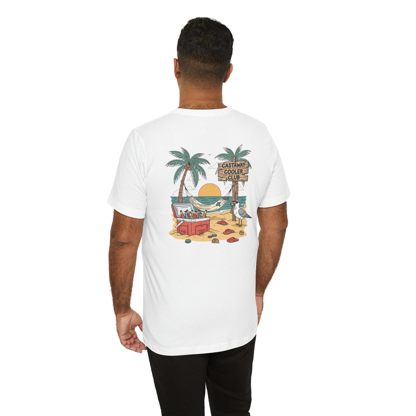 Castaway Cooler Club Tee | Beach Hammock Scene with Palm Trees, Ice Chest, and Sunset - Tropical Island Party Graphic Back Tee (BC3001)