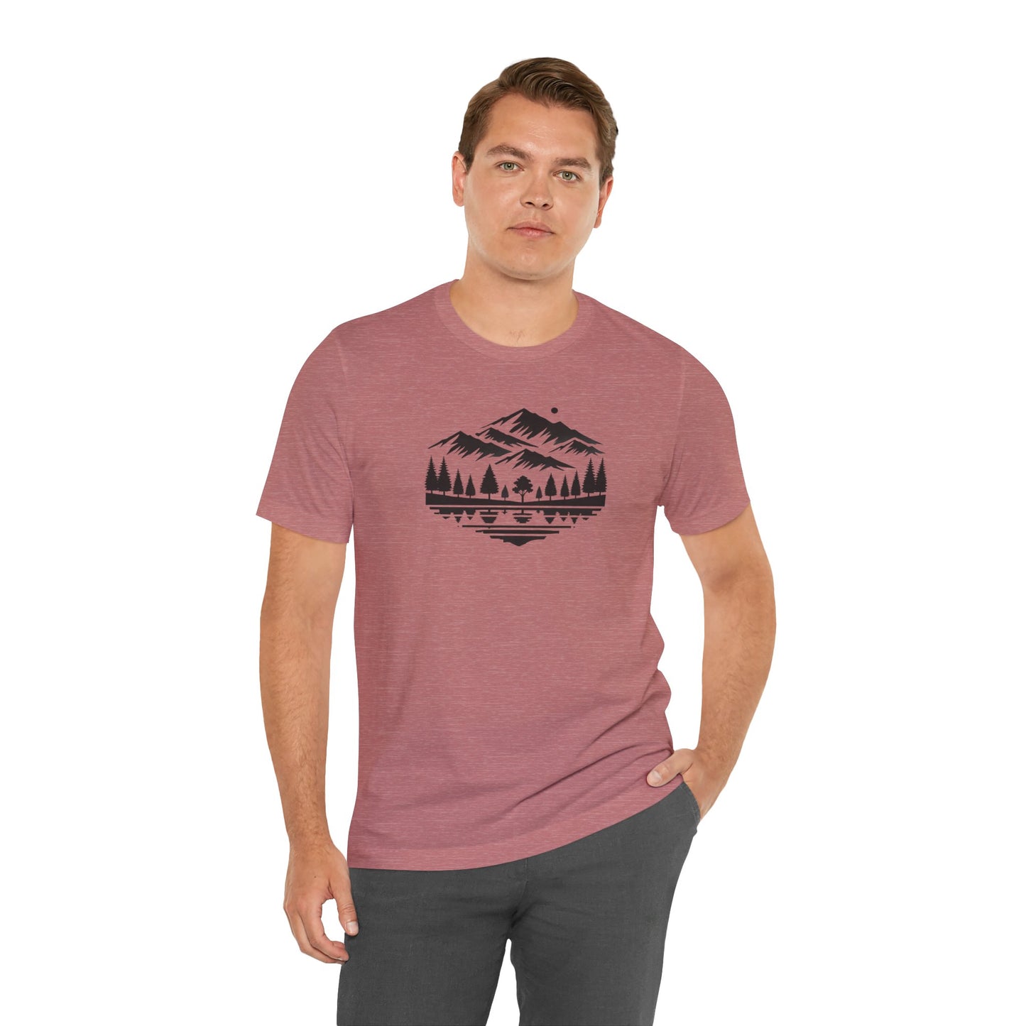 Alpine Reflection Tee | Minimal Mountain Scene with Forest and Lake - Bold Nature Graphic T-Shirt (BC3001)