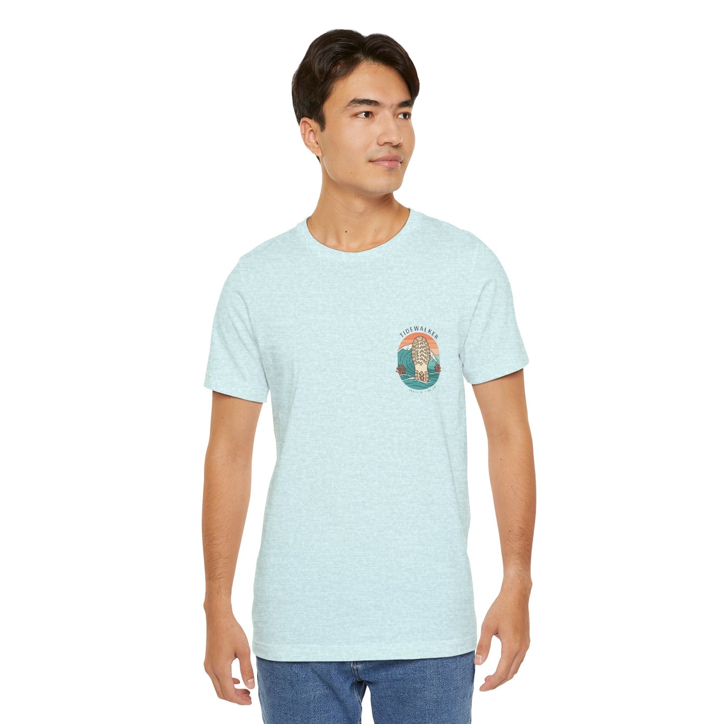 Tidewalker Tee | Coastal Trail Footprints Along Sunset Shore - Beach Walk Graphic Back Tee with Front Crest Patch (BC3001)