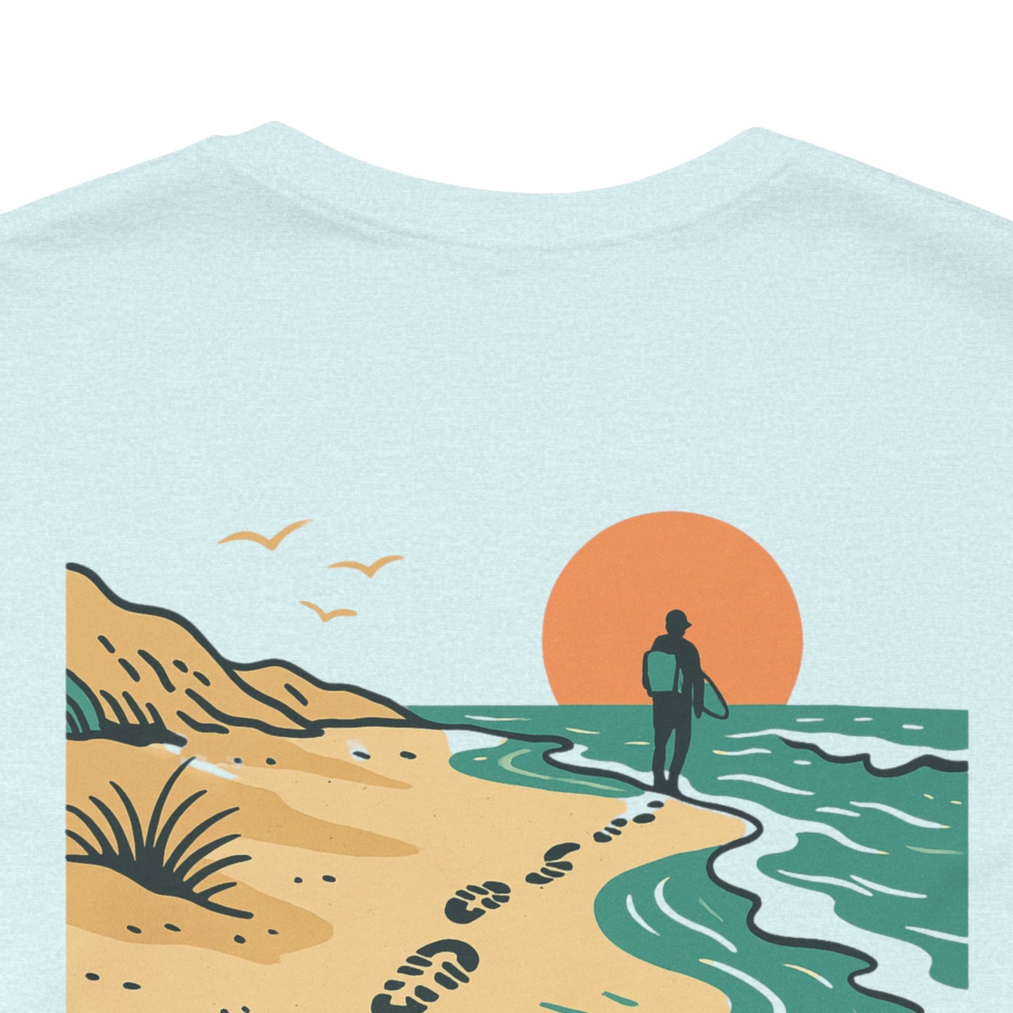 Tidewalker Tee | Coastal Trail Footprints Along Sunset Shore - Beach Walk Graphic Back Tee with Front Crest Patch (BC3001)