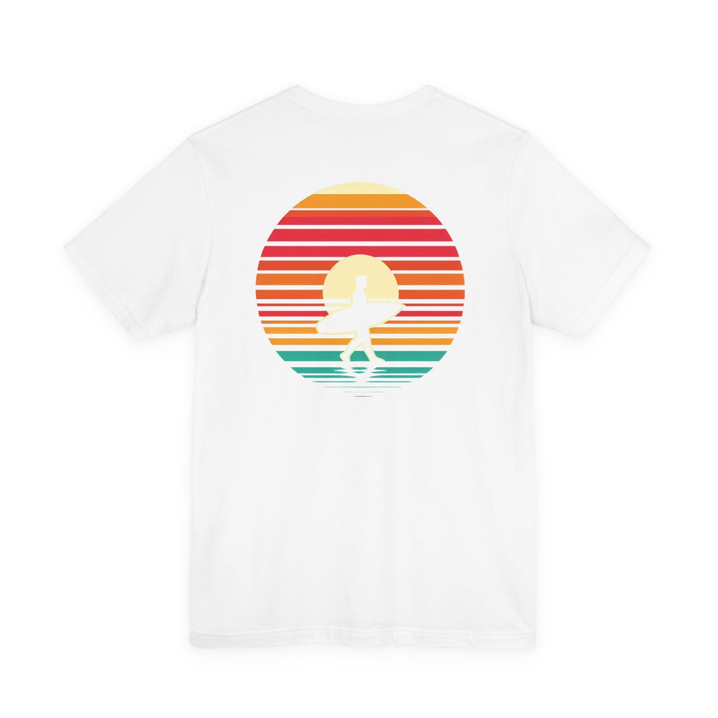 Sunset Surfer Tee | Retro Surf Silhouette with Bold Sunset Stripes - Beach Vibes Graphic Tee (BC3001)