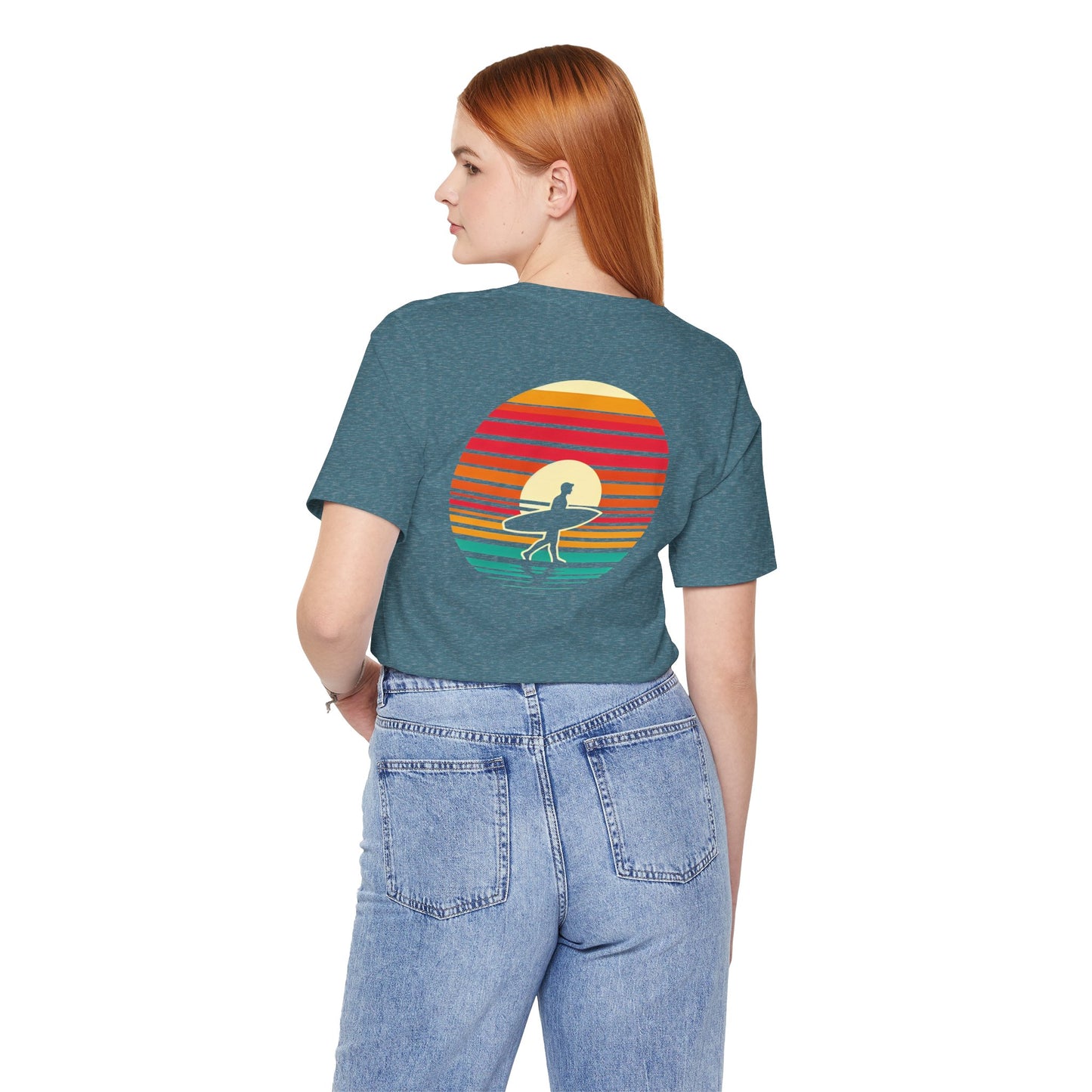 Sunset Surfer Tee | Retro Surf Silhouette with Bold Sunset Stripes - Beach Vibes Graphic Tee (BC3001)