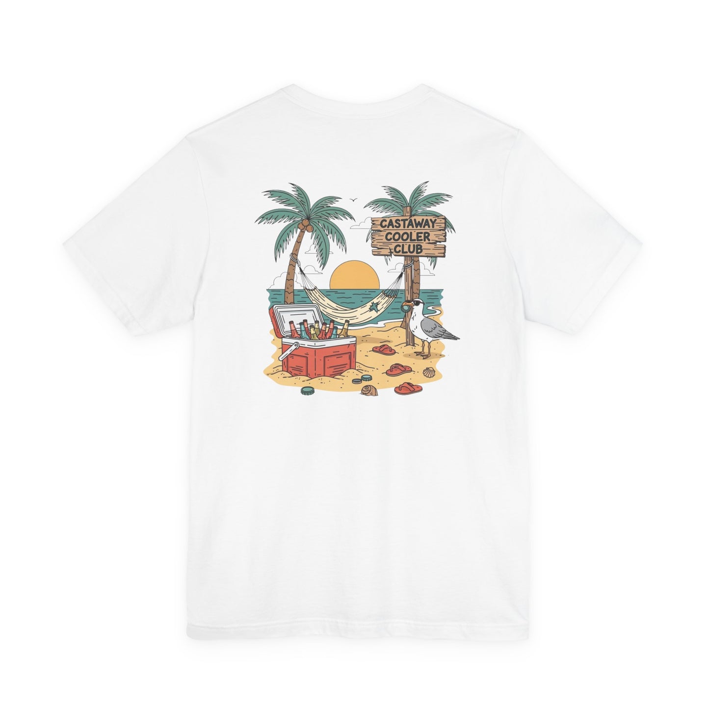 Castaway Cooler Club Tee | Beach Hammock Scene with Palm Trees, Ice Chest, and Sunset - Tropical Island Party Graphic Back Tee (BC3001)