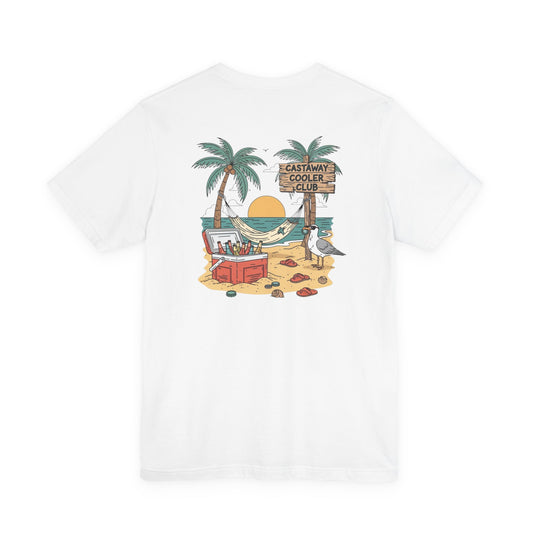Castaway Cooler Club Tee | Beach Hammock Scene with Palm Trees, Ice Chest, and Sunset - Tropical Island Party Graphic Back Tee (BC3001)