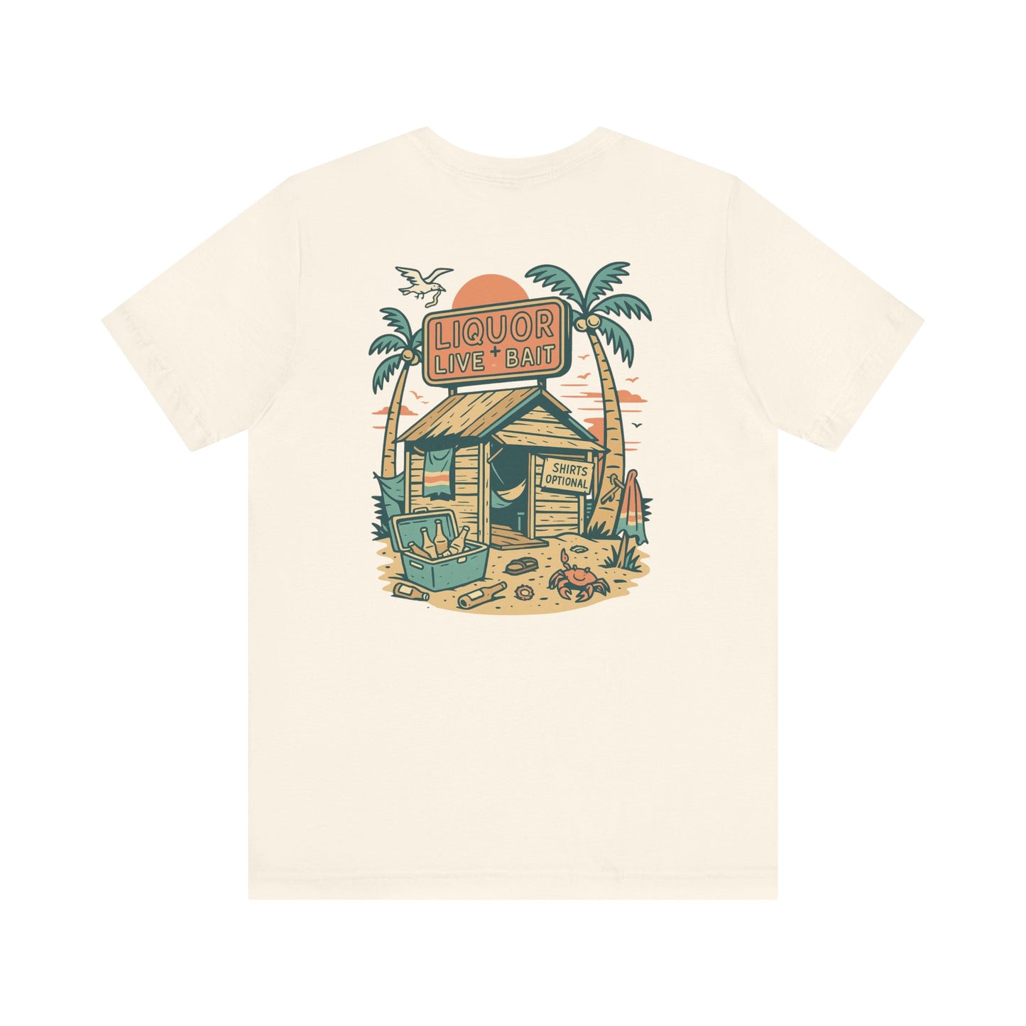 Sunburnt & Buzzed Tee | Tropical Bait Shack with Cooler, Crabs, and Neon Sign - Retro Beach Bar Party Graphic Tee (BC3001)