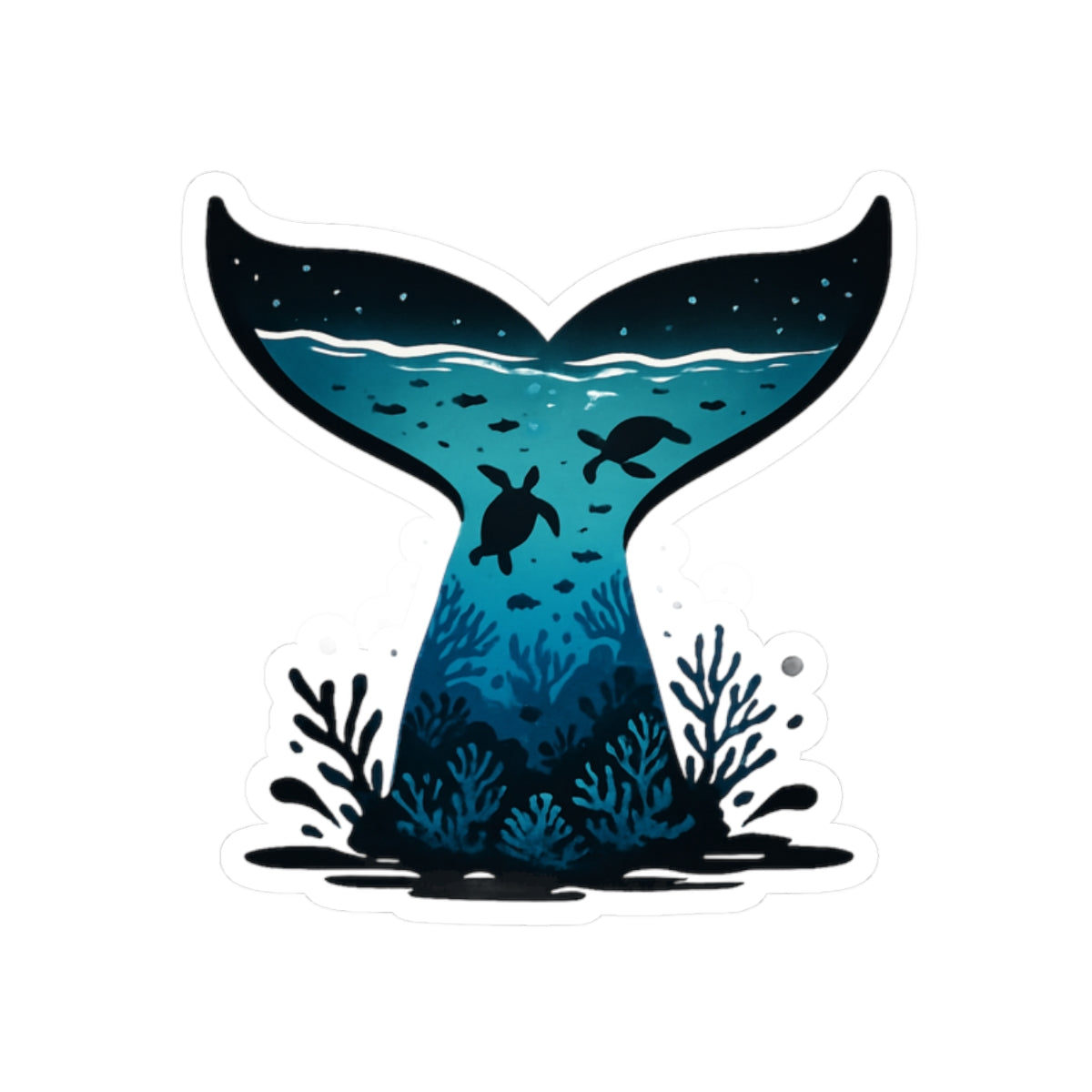 Sea Turtle Trek Sticker | Underwater Ocean Scene Inside Whale Tail - Marine Wildlife Vinyl Sticker