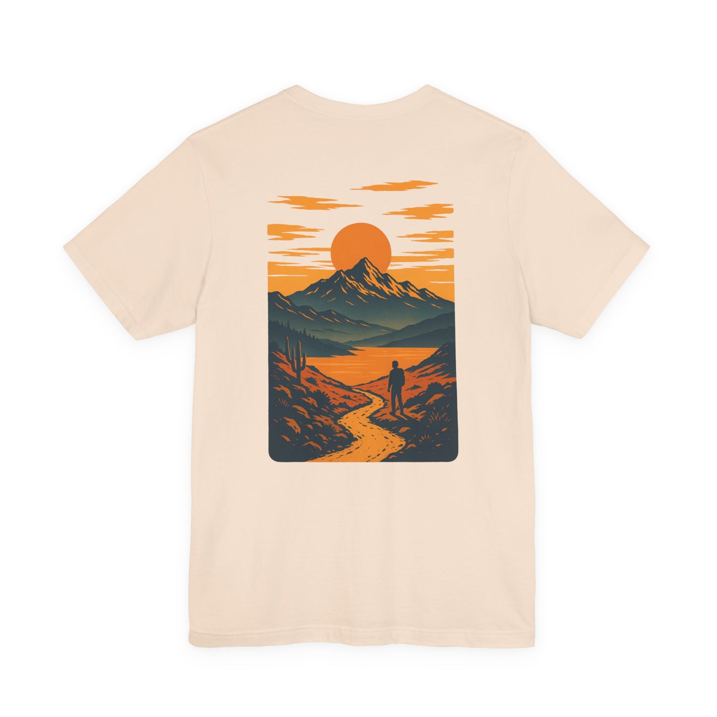 Sunset Range Tee | Vibrant Orange Mountain Landscape with Trail Hiker and Setting Sun - Bold Desert Peak Graphic Tee (BC3001)