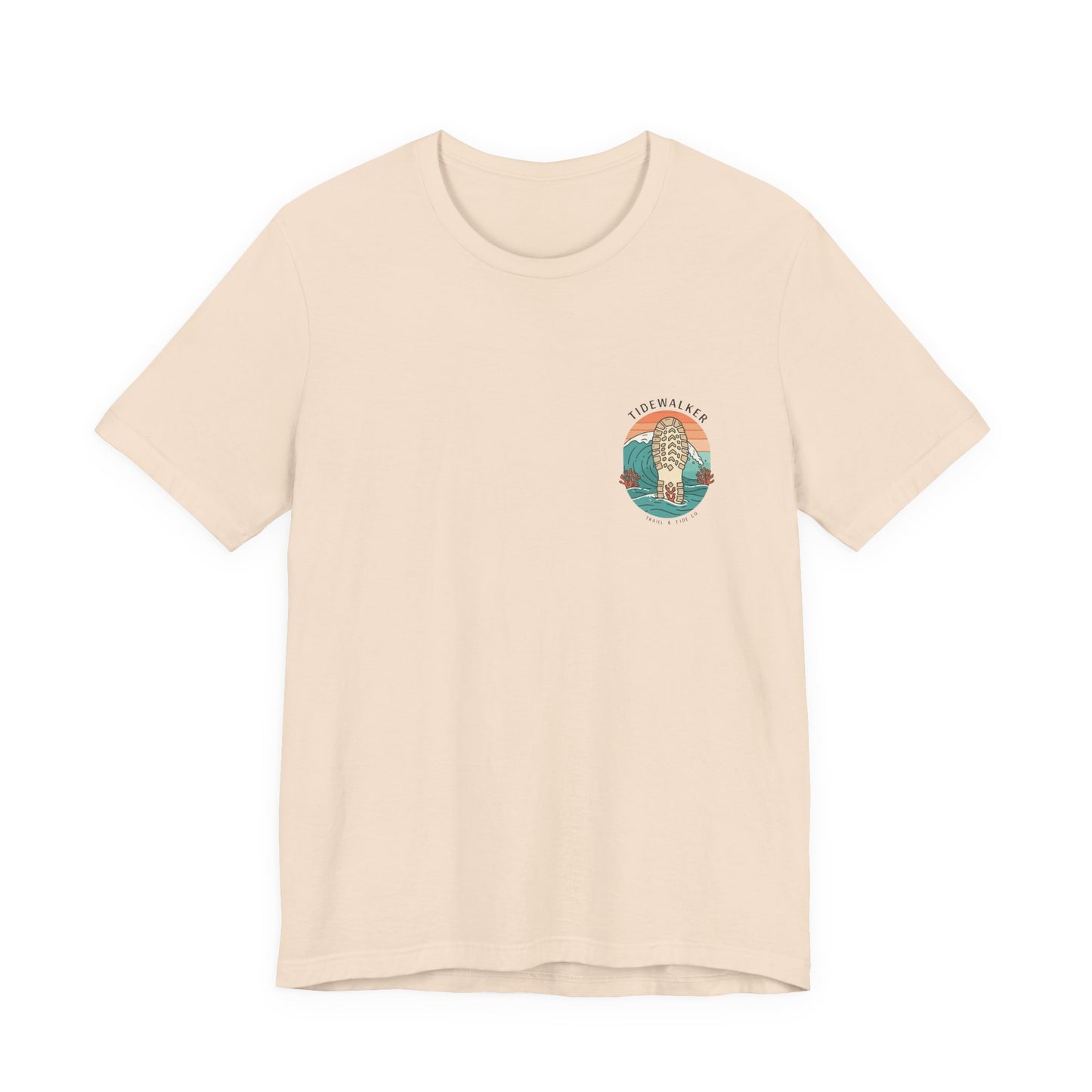 Tidewalker Tee | Coastal Trail Footprints Along Sunset Shore - Beach Walk Graphic Back Tee with Front Crest Patch (BC3001)